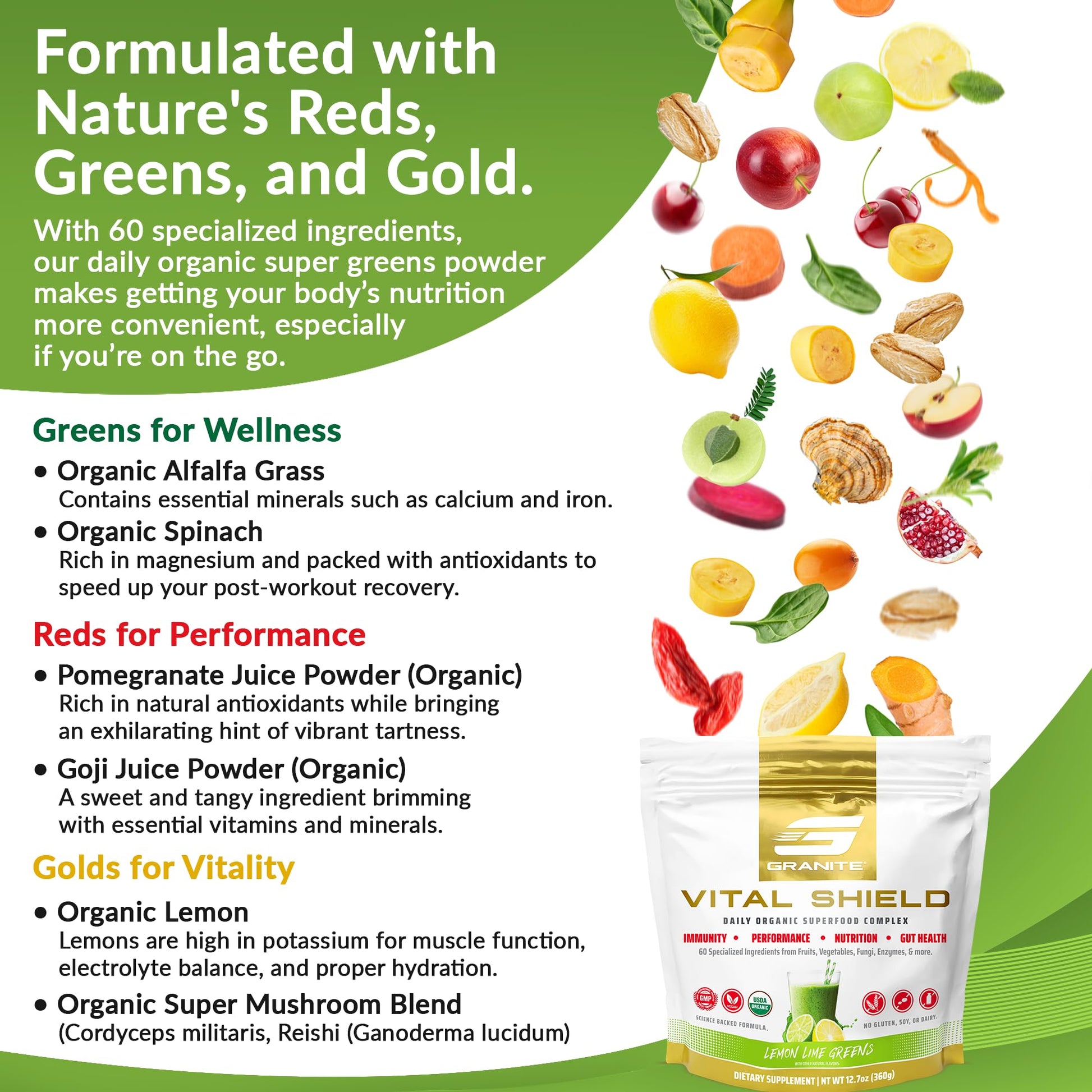 Granite Nutrition Vital Shield - USDA Organic Superfood Greens with Mushrooms & Tart Cherry – Supports Energy, Immune Function & Digestive Health – Lemon Lime Flavor (30 Servings) Granite SupplementsAu supplements