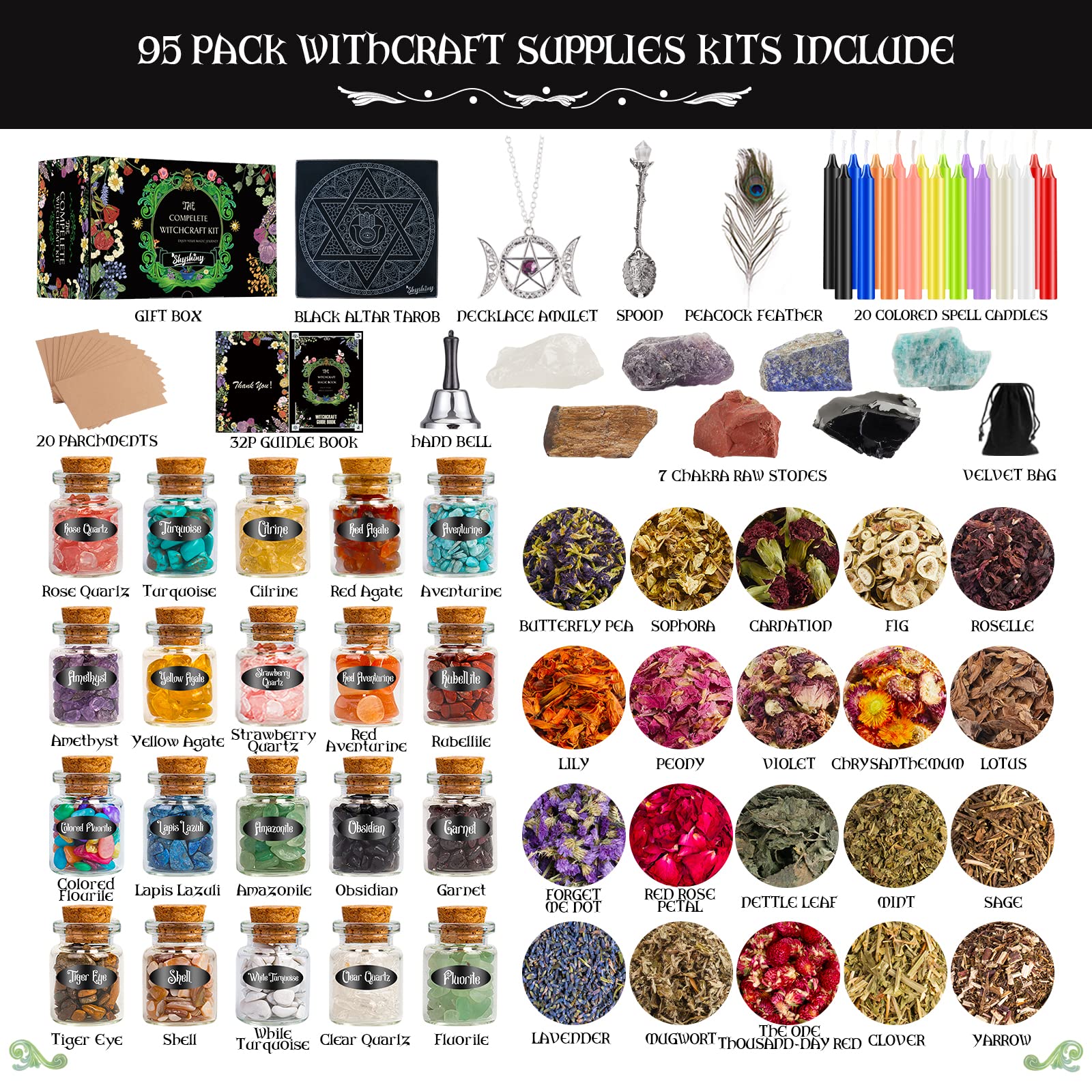 SHYSHINY Witchcraft Supplies Kit for Wiccan Spells, 95 Pack of 7 Chakra Stones, Crystals, Dried Herbs SHYSHINYAu supplements