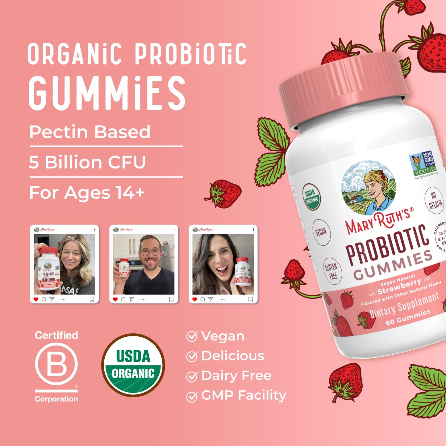 MaryRuth Organics USDA Organic Probiotic Gummies |Probiotics forWomen & Men Digestive Health & Gut Comfort Supplement 5 Billion CFU | Immune & Digestive Support | Vegan | Non-GMO | 60 Count MARYRUTH'SUS supplements