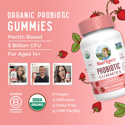 MaryRuth Organics USDA Organic Probiotic Gummies |Probiotics forWomen & Men Digestive Health & Gut Comfort Supplement 5 Billion CFU | Immune & Digestive Support | Vegan | Non-GMO | 60 Count MARYRUTH'SUS supplements