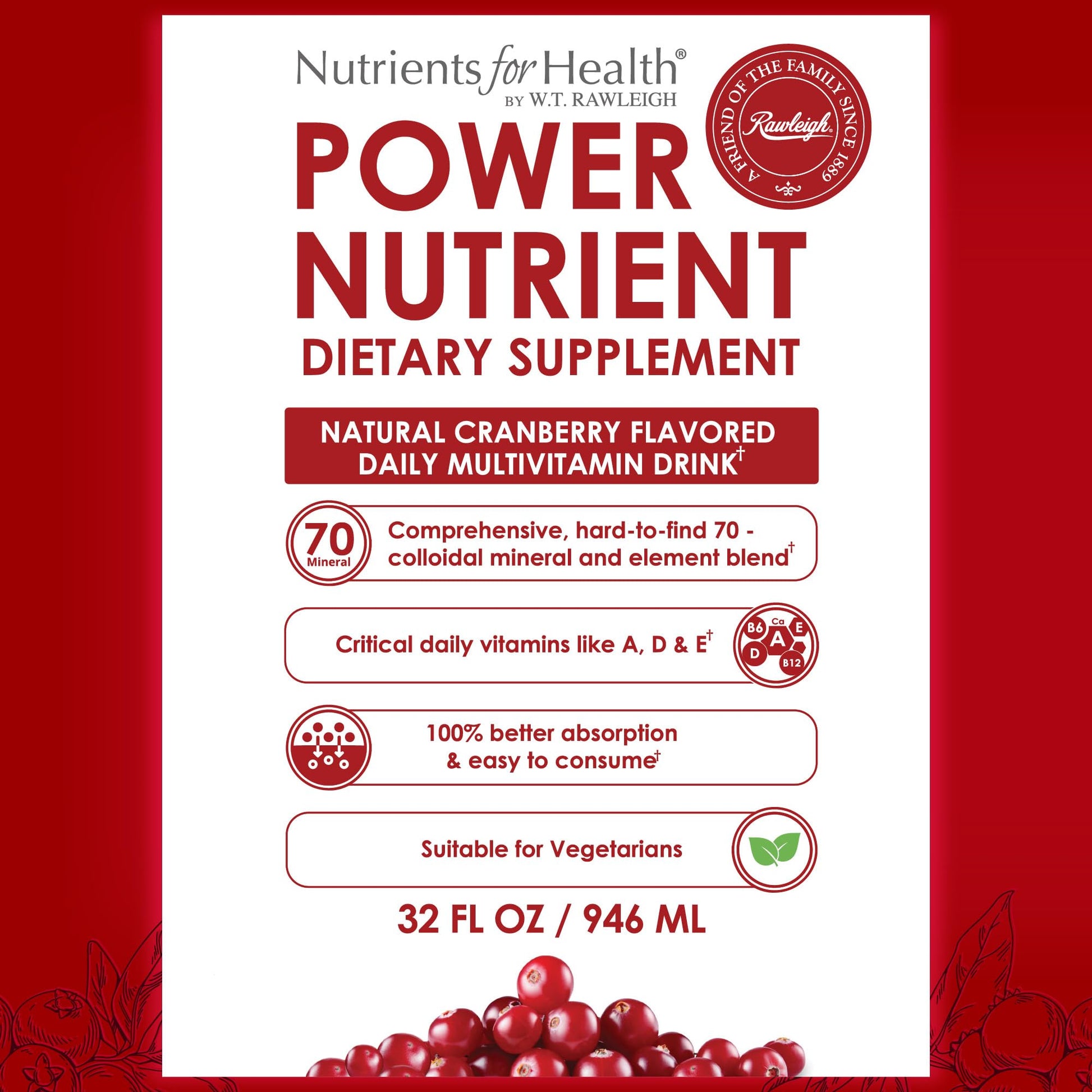 Rawleigh Power Nutrient: 32 fl oz for 1 Month - Cranberry Flavor, Daily Multivitamin Liquid Supplement for Men, Women with VIT. A - zinc & 70 Colloidal Trace Minerals, Vegetarian-Friendly, GMO Free RawleighAu supplements