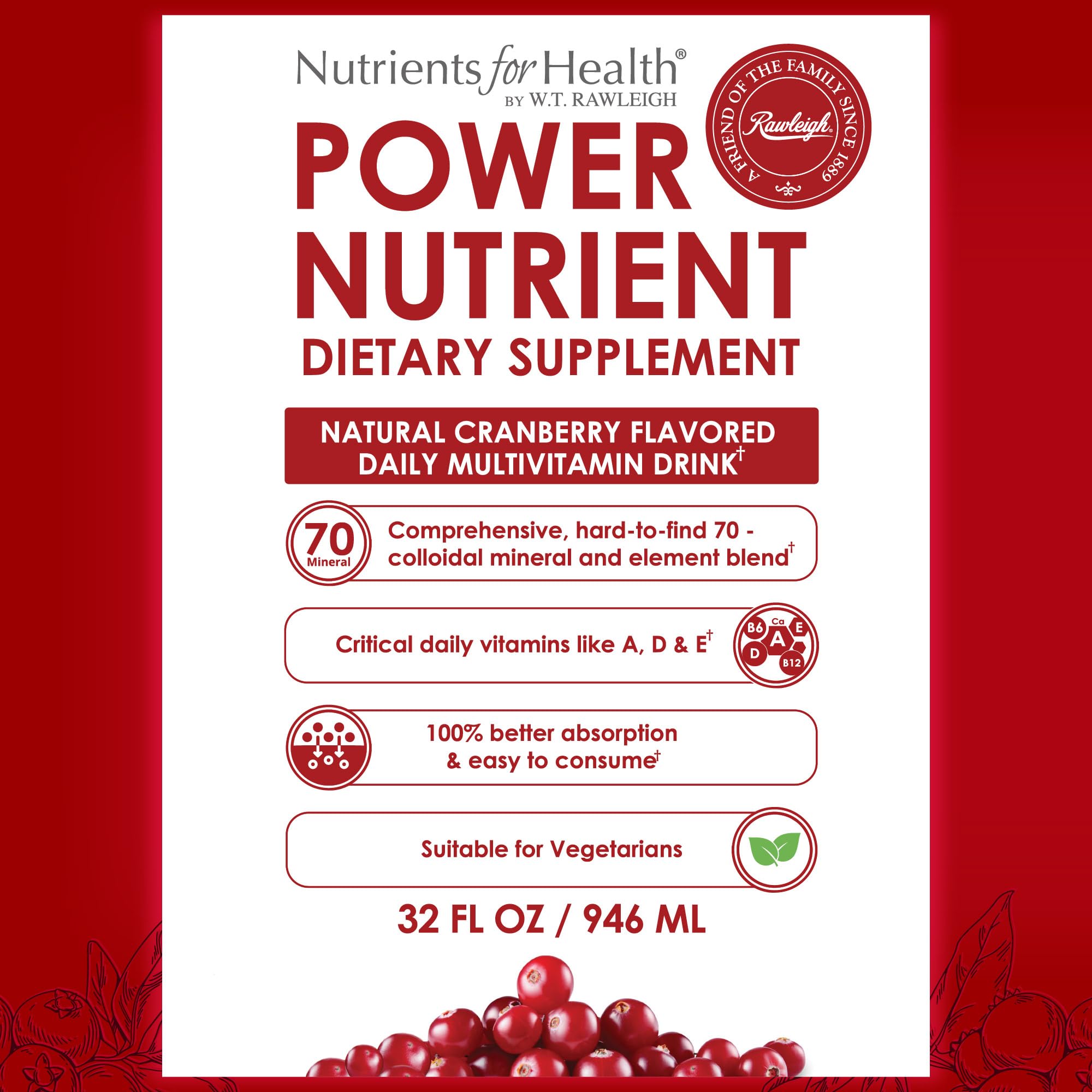 Rawleigh Power Nutrient: 32 fl oz for 1 Month - Cranberry Flavor, Daily Multivitamin Liquid Supplement for Men, Women with VIT. A - zinc & 70 Colloidal Trace Minerals, Vegetarian-Friendly, GMO Free RawleighAu supplements