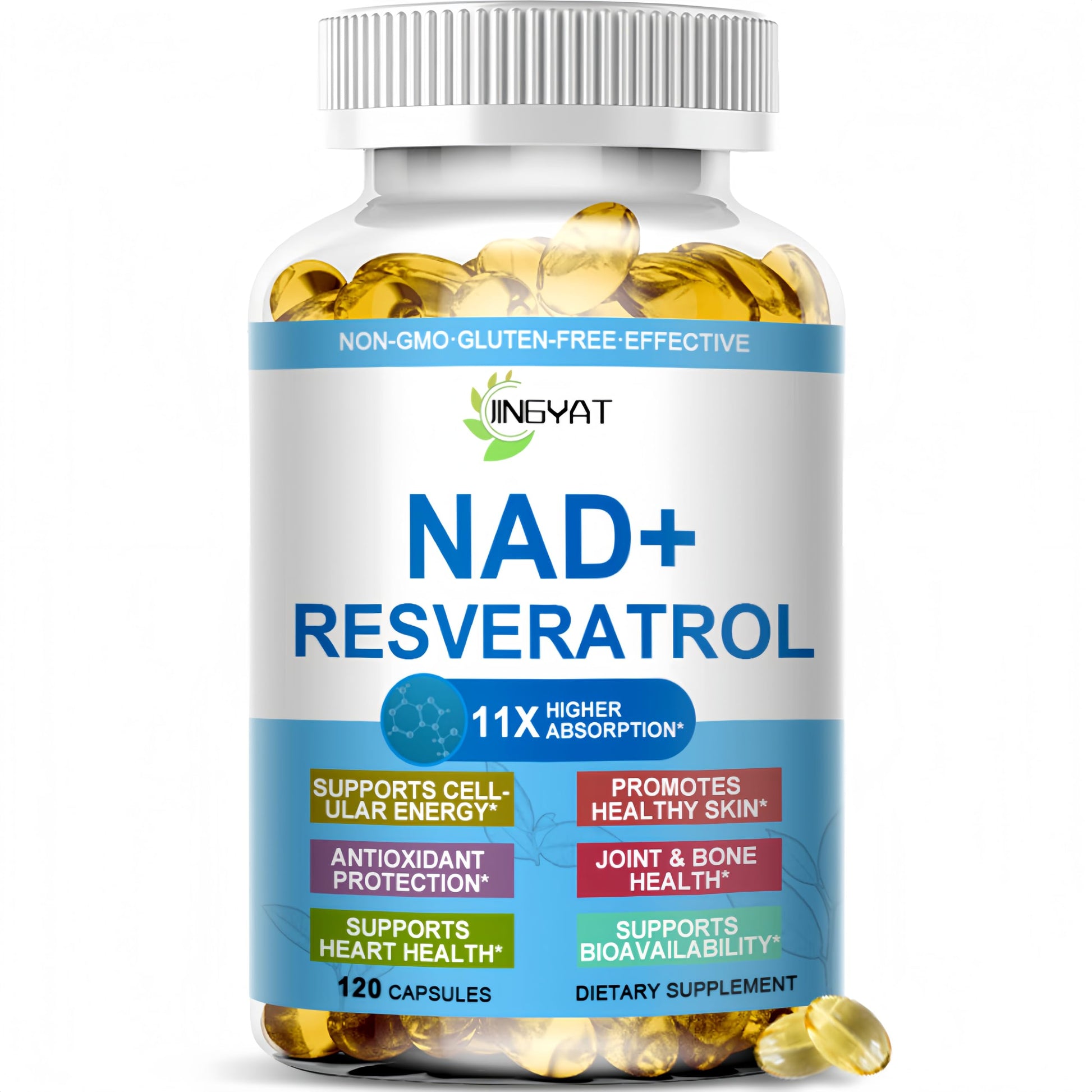 JINGYAT 11-in-1 NAD Supplement with Resveratrol, CoQ10, Quercetin, Collagen, Grape Seed for Cellular Energy, Mental Focus & Antioxidant Support - NAD Supplement for Women & Men, 120 Soft Capsules JINGYATAu supplements