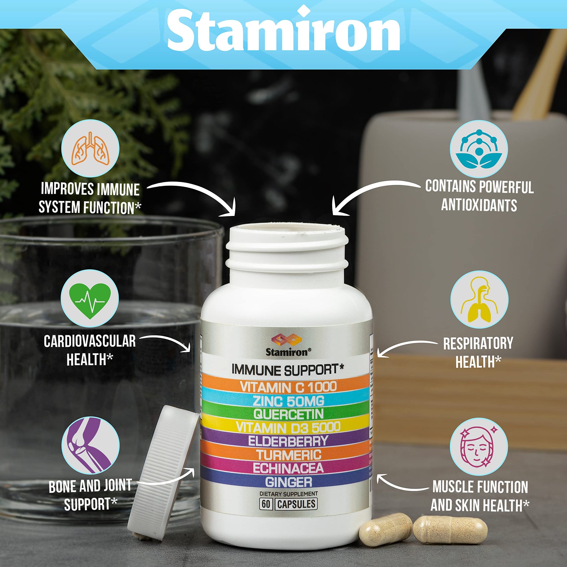 8 in 1 Immune Support with Quercetin Zinc 50mg Vitamin C 1000mg Vitamin D3 5000 IU and Elderberry Echinacea Ginger for Adults Kids - VIT D Supplement Veg Capsules StamironAu supplements