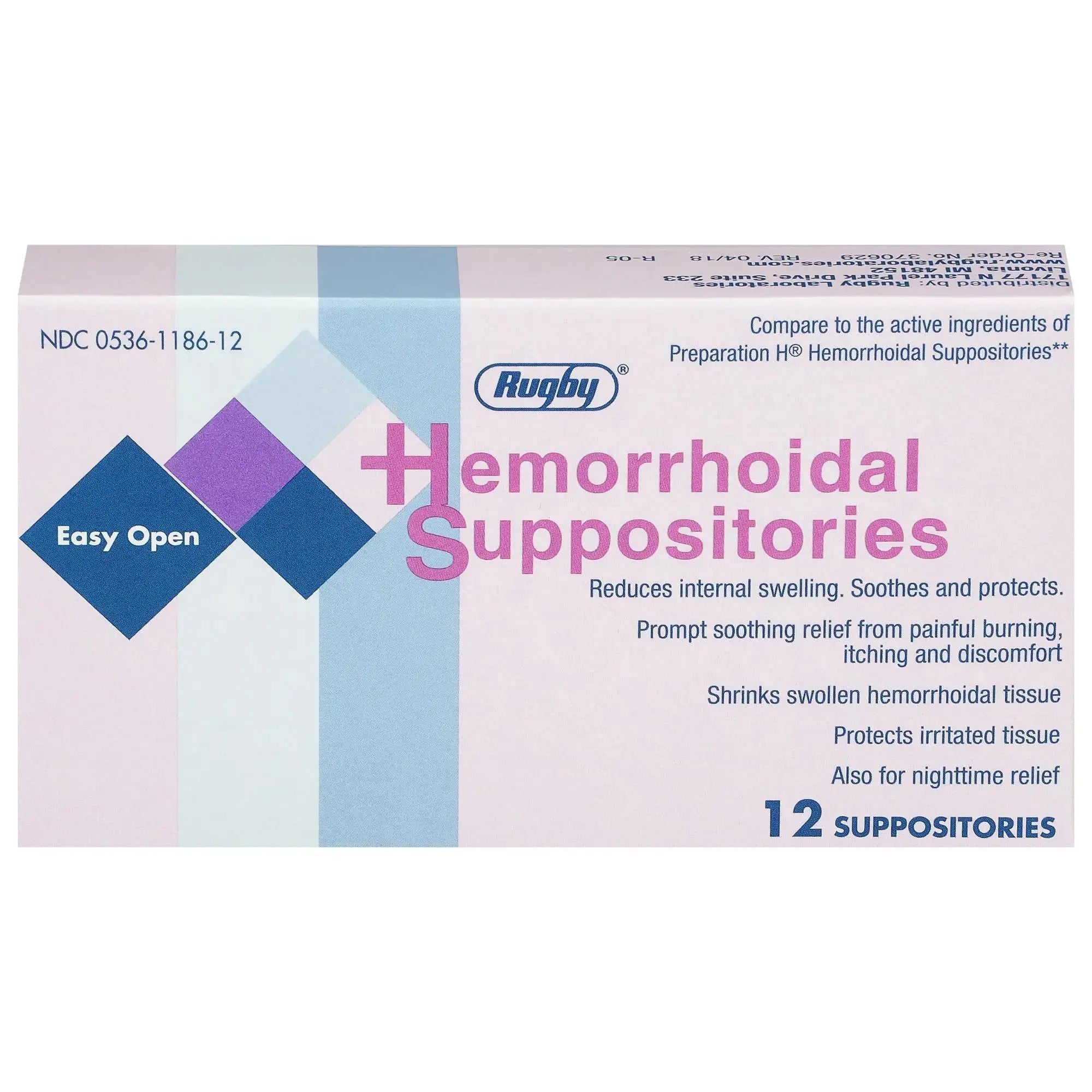 Rugby Hemorrhoidal Suppositories - Soothing and Shrinking Action for Internal Hemorrhoids with Cocoa Butter and Phenylephrine HCl, Easy Open Design - 12 Count RUGBY LABORATORIESAu supplements