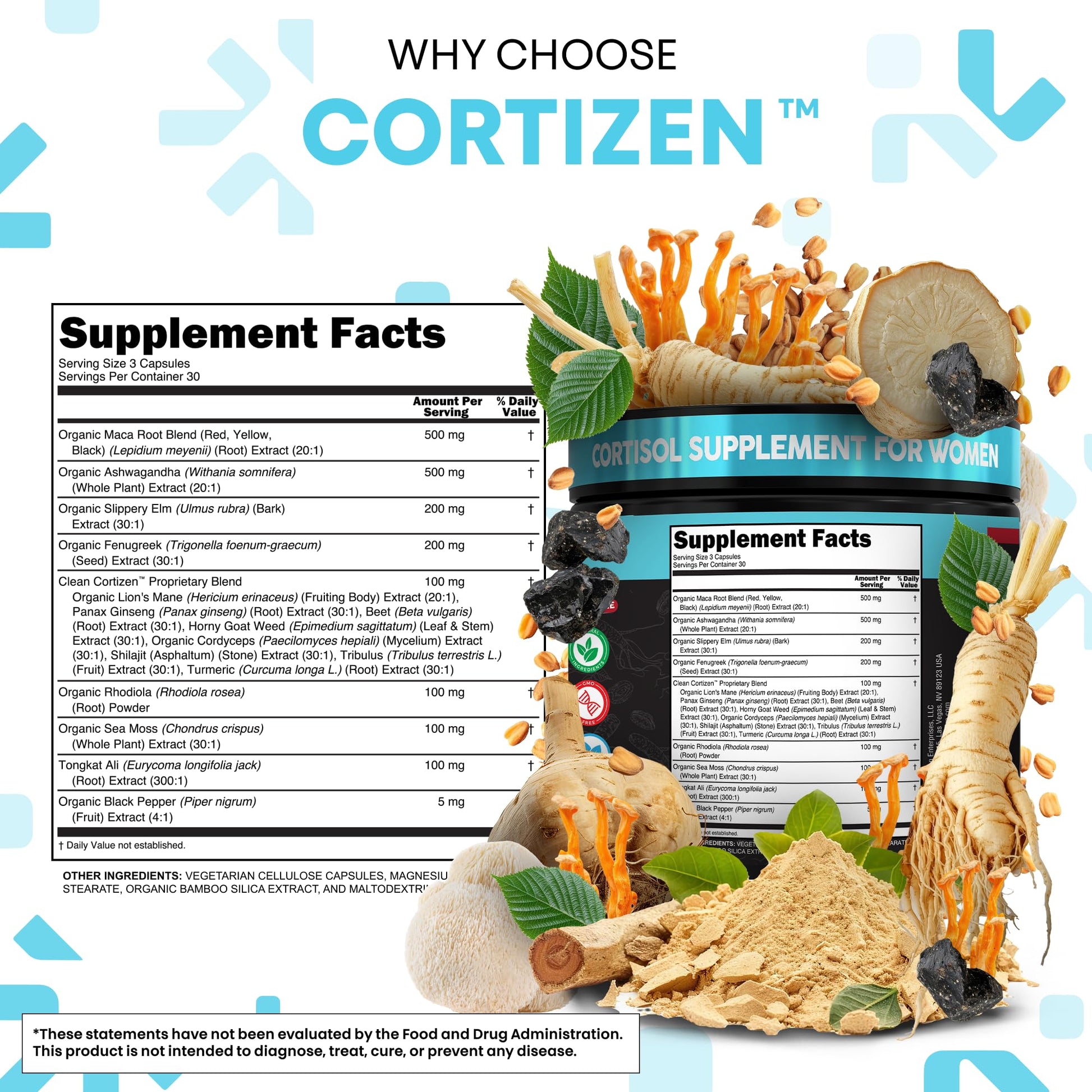 Clean Nutra Cortisol Supplements For Women | Maca Root Ashwagandha Cortisol Detox Manager Reducer + Slippery Elm Fenugreek Lions Mane Shilajit Rhodiola Sea Moss Tongkat Ali Cordyceps Ginseng Beet Root Clean NutraceuticalsAu supplements