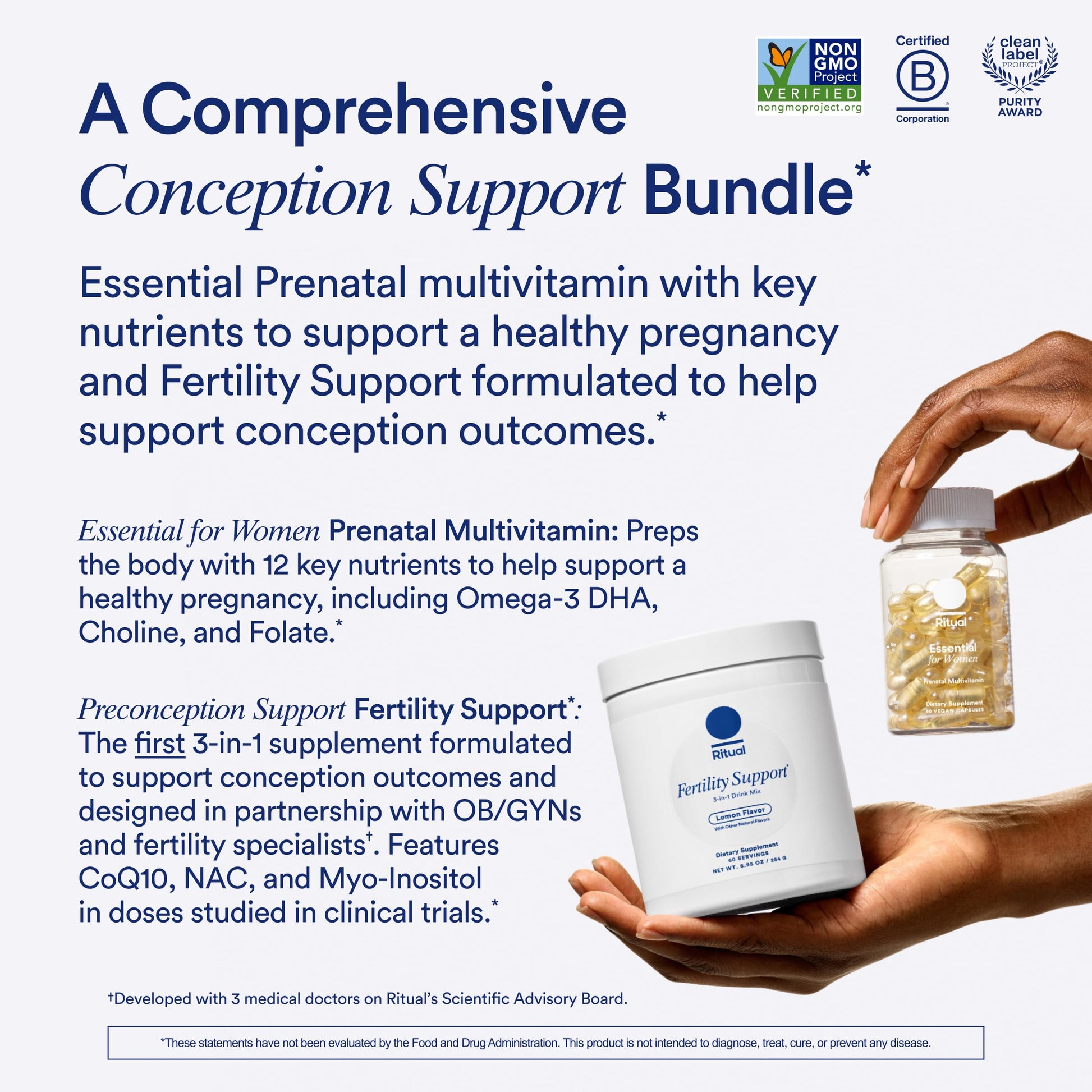 Ritual Preconception Bundle: Essential for Women Prenatal Multivitamin and Lemony Fertility Support Drink Mix Supplement with NAC, CoQ10, and Myo-Inositol. Vegan and Formulated to Support Her.* RitualUS supplements