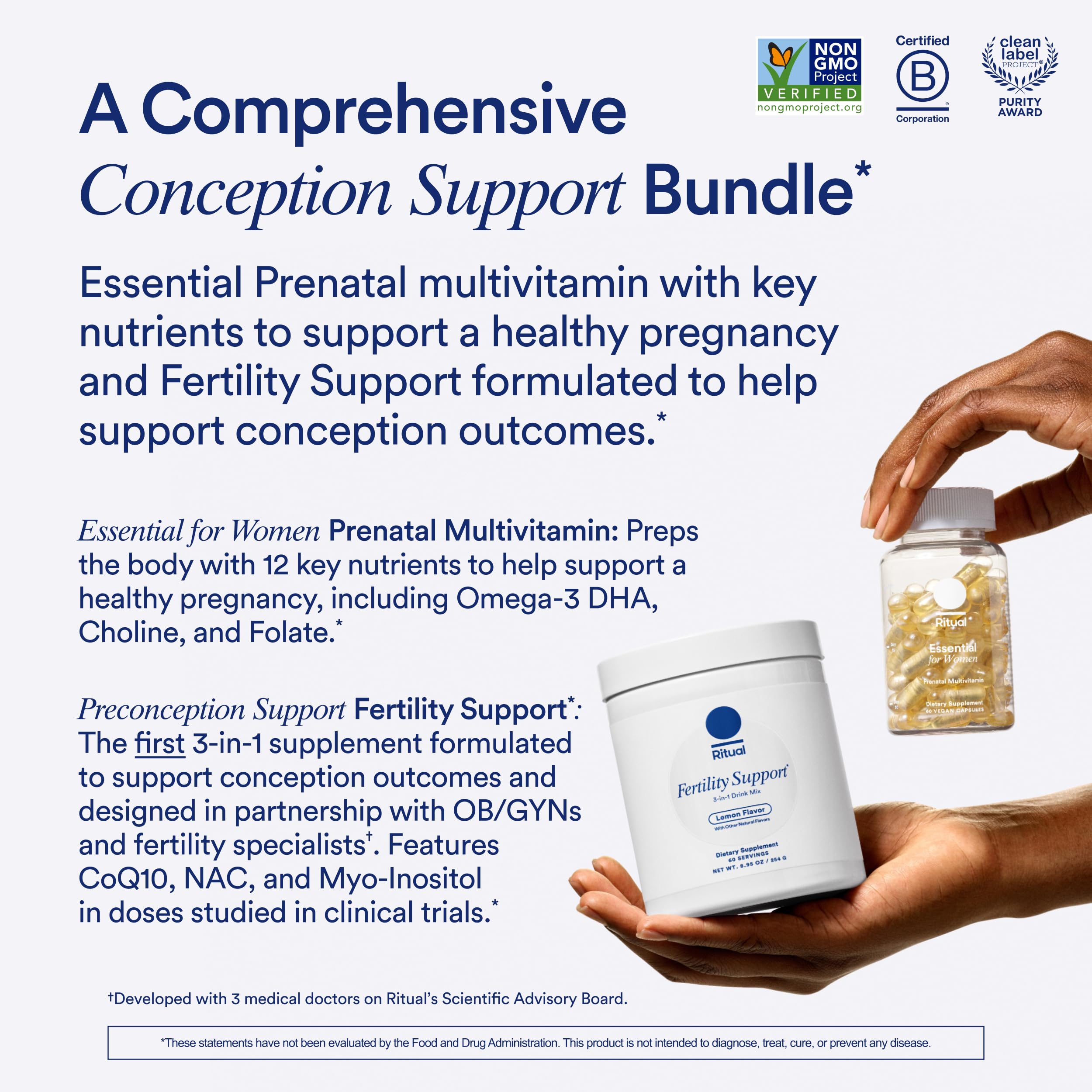 Ritual Preconception Bundle: Essential for Women Prenatal Multivitamin and Lemony Fertility Support Drink Mix Supplement with NAC, CoQ10, and Myo-Inositol. Vegan and Formulated to Support Her.* RitualUS supplements