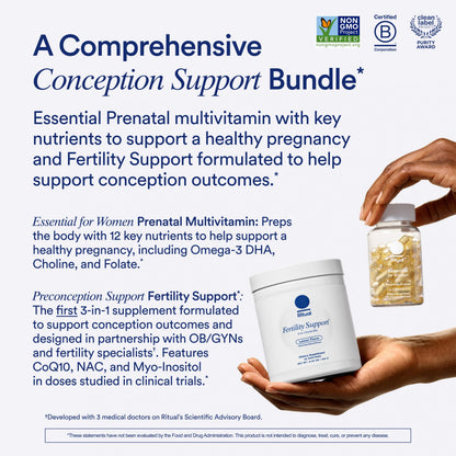 Ritual Preconception Bundle: Essential for Women Prenatal Multivitamin and Lemony Fertility Support Drink Mix Supplement with NAC, CoQ10, and Myo-Inositol. Vegan and Formulated to Support Her.* RitualUS supplements