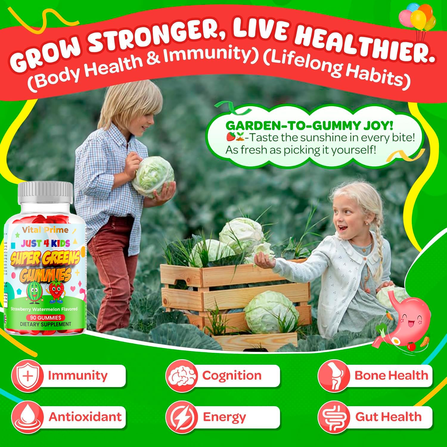 FourRoar Vital Prime Super Green Gummies for Kids 90 Count Strawberry & Watermelon Flavor | Fruit and Vegetable Gummies | Vegan Veggies Gummy Multivitamin for Kids FourRoarAu supplements