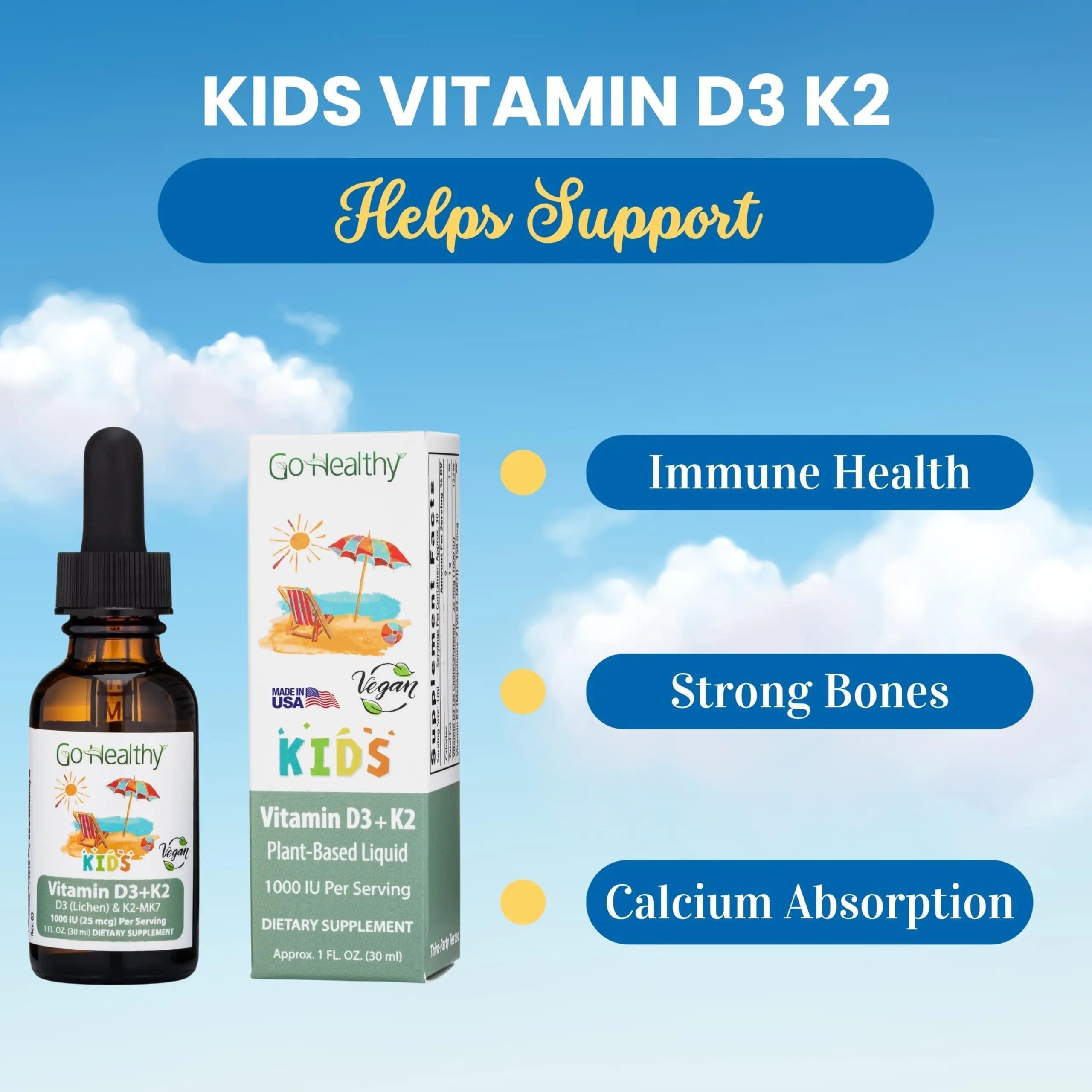 Go Healthy Kids Vitamins D3 K2 (MK-7), Child Vitamin D, Liquid Vegan D3 K2 Drops for Kids Go Healthy NaturalAu supplements