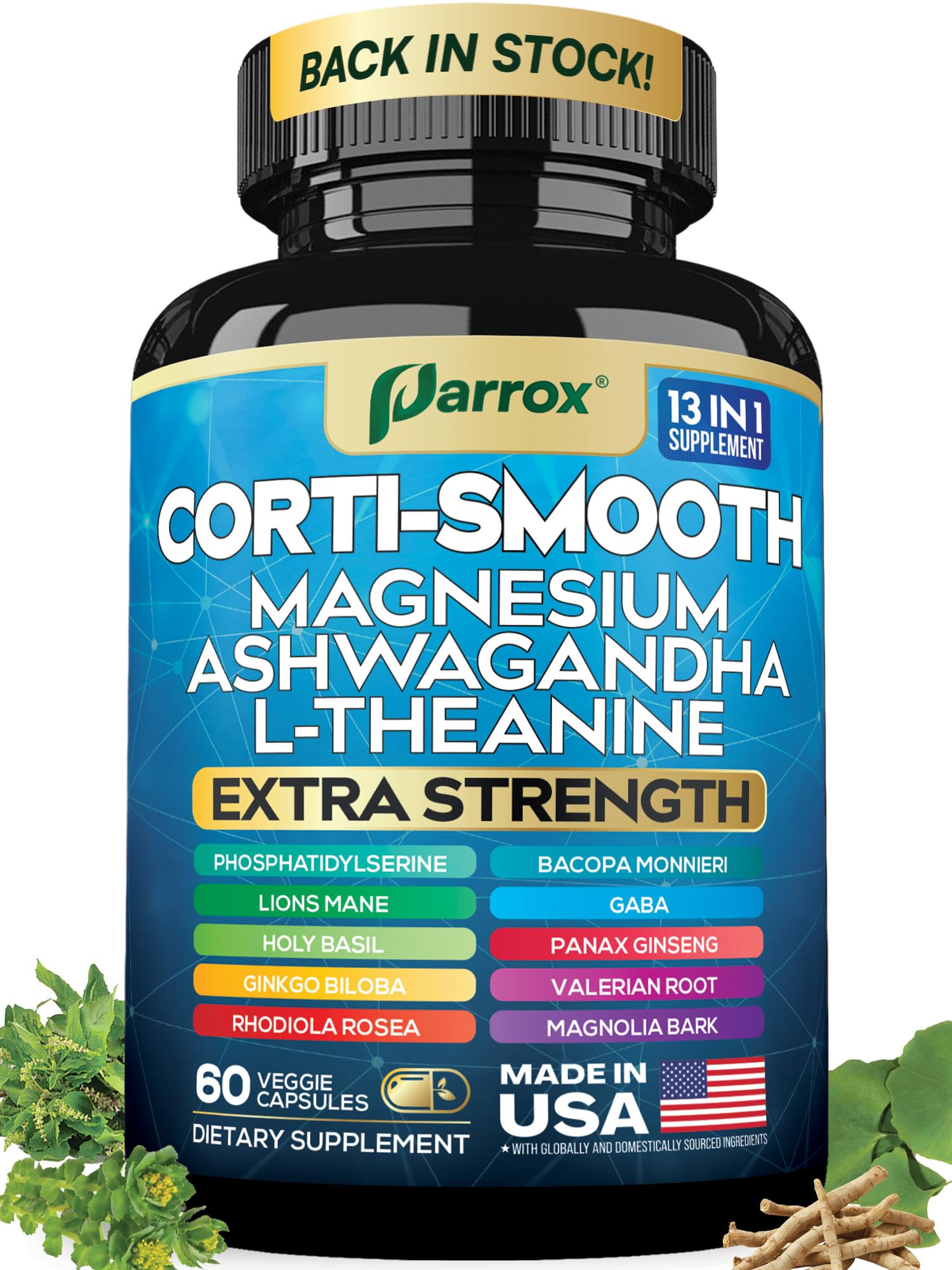 Parrox Corti-Smooth Cortisol Supplement Magnesium, L-Theanine, Ashwagandha, Phosphatidylserine, Valerian Root, Lions Mane, Bacopa Monnieri, Ginkgo Biloba, Panax Ginseng, Magnolia Bark, GABA (60 Caps) ParroxAu supplements