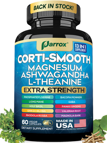 Parrox Corti-Smooth Cortisol Supplement Magnesium, L-Theanine, Ashwagandha, Phosphatidylserine, Valerian Root, Lions Mane, Bacopa Monnieri, Ginkgo Biloba, Panax Ginseng, Magnolia Bark, GABA (60 Caps) ParroxAu supplements