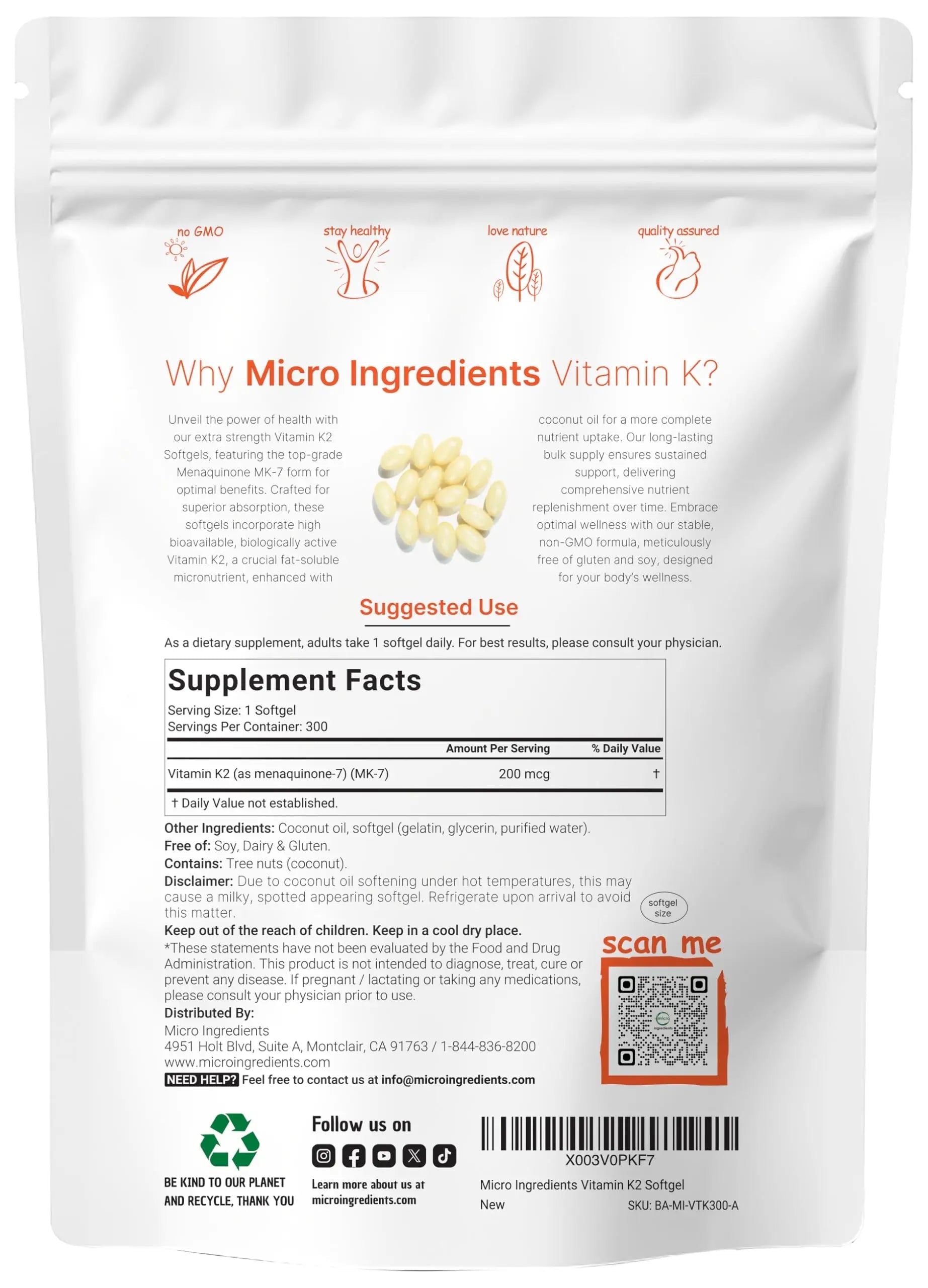 Micro Ingredients Vitamin K2 MK-7 Supplement, 200 mcg Per Serving, 300 Coconut Oil Softgles | Easily Absorbed, Active Menaquinone Form | Micro IngredientsAu supplements