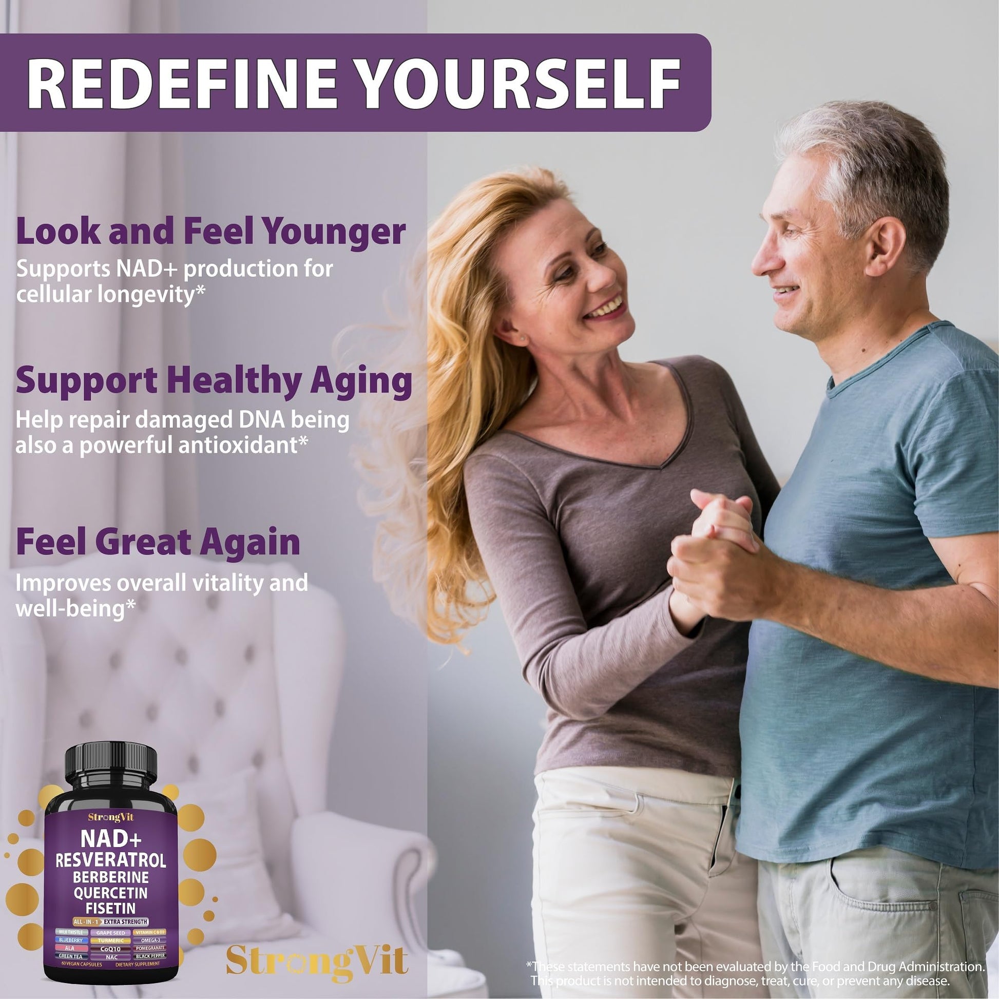 NAD Resveratrol Supplement with Berberine, Quercetin, CoQ10. Anti-Aging Formula for Women & Men. Liposomal NAD Plus, NAD+ Booster, Pure Organic Vitamin, USA StrongVitAu supplements