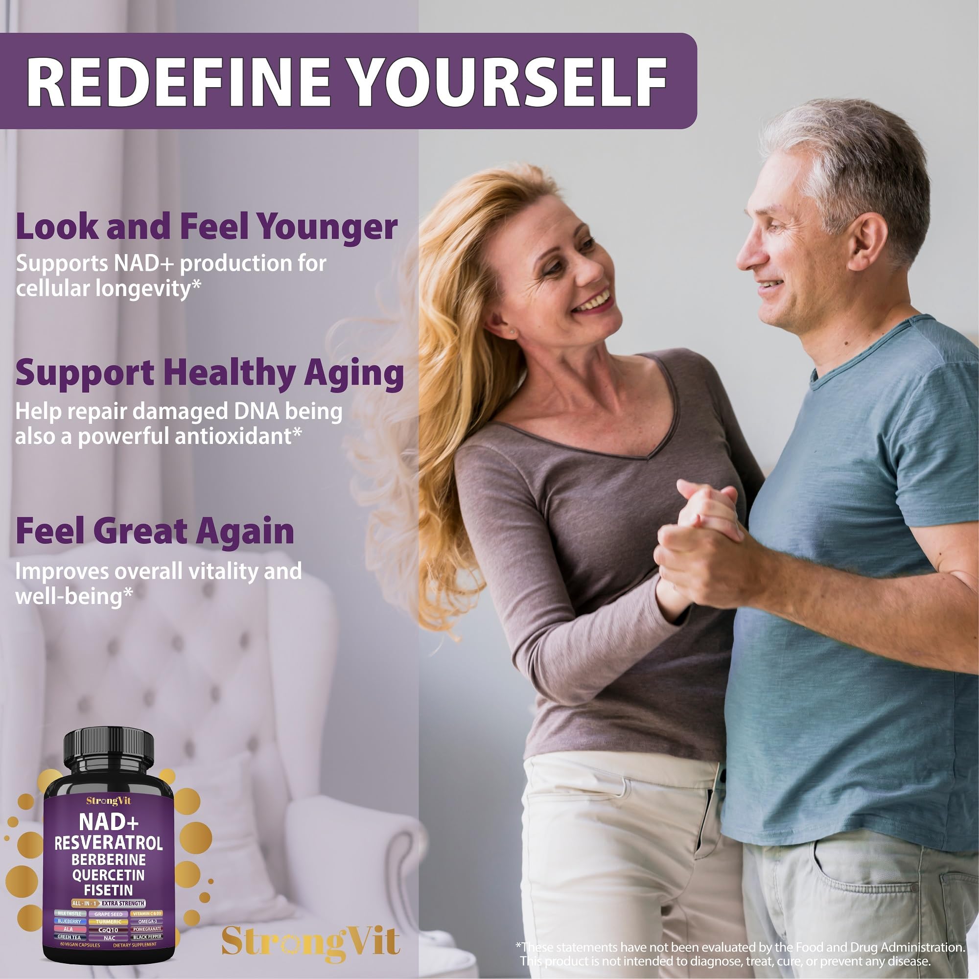 NAD Resveratrol Supplement with Berberine, Quercetin, CoQ10. Anti-Aging Formula for Women & Men. Liposomal NAD Plus, NAD+ Booster, Pure Organic Vitamin, USA StrongVitAu supplements