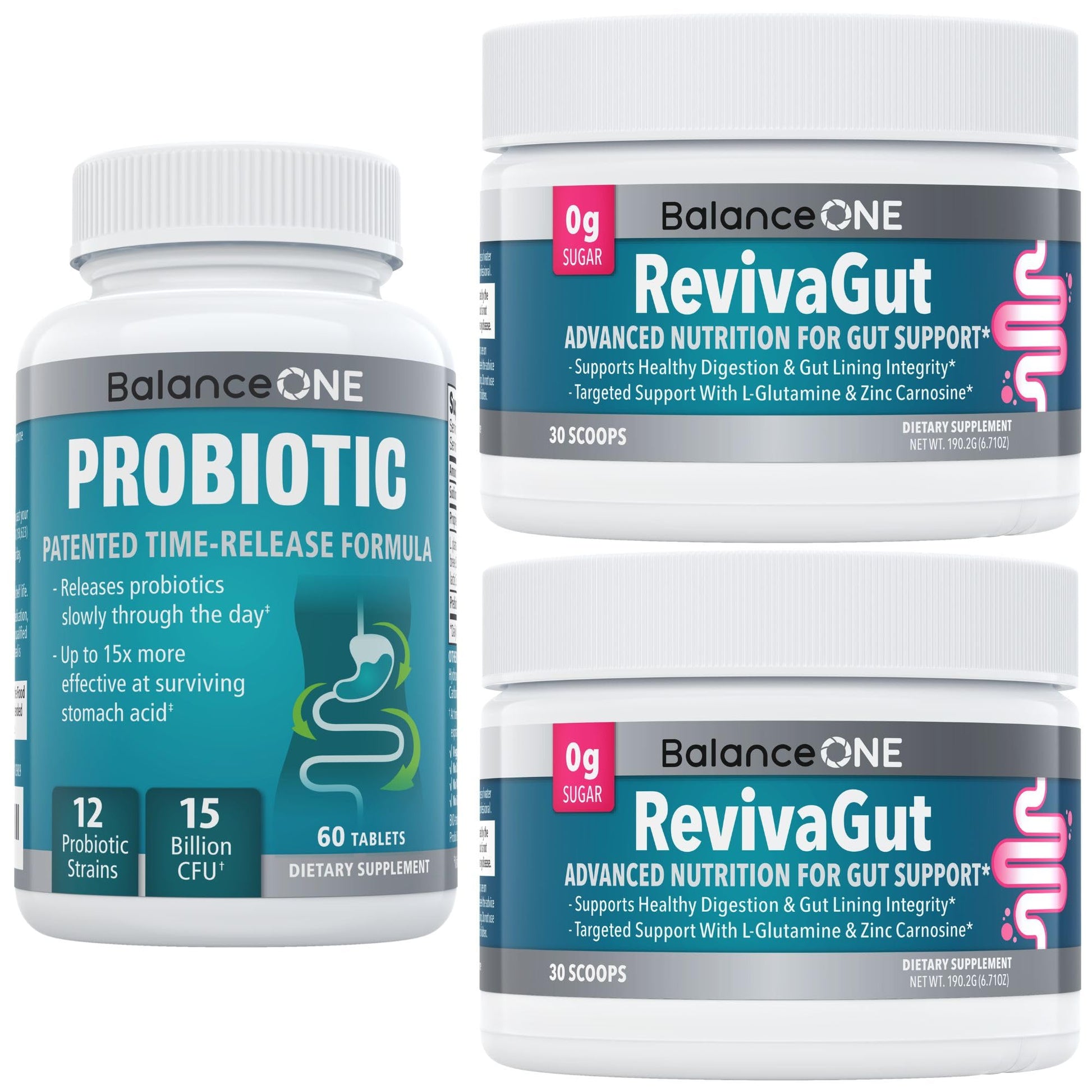 Balance ONE 2-Month Complete Digestive Support Bundle – Intestinal Barrier & Microbiome Kit – Includes 2X RevivaGut Powder & 1x Daily Probiotic (3 Pieces) Balance ONEAu supplements