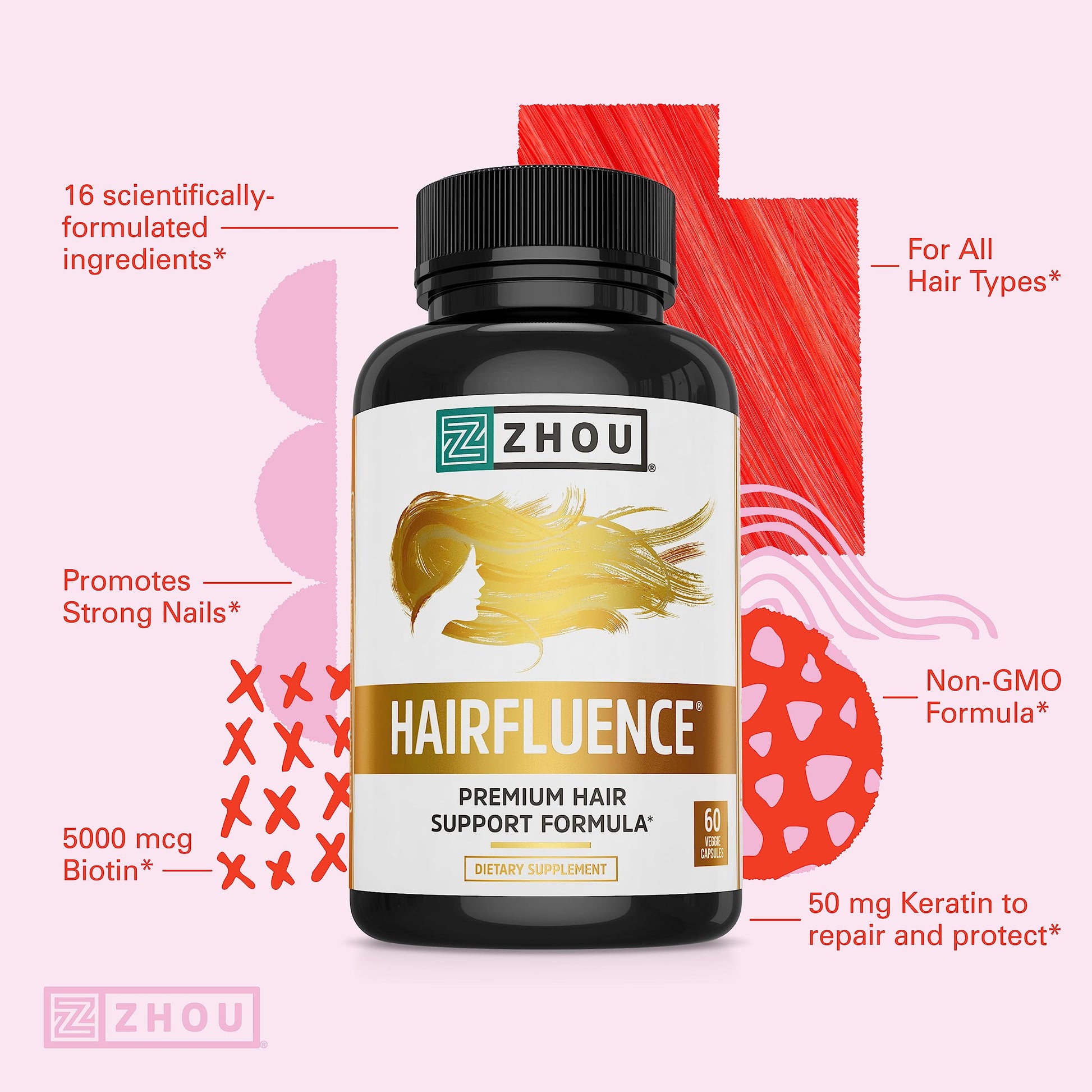 Zhou Hairfluence, Hair Growth Supplement with Biotin 5000mcg, Collagen, Keratin, Zhou NutritionUS supplements