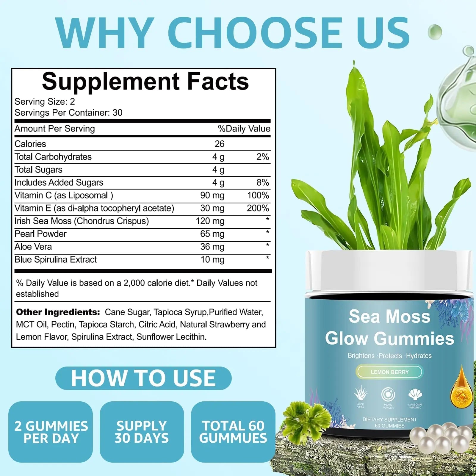 HICFRWE Sea Moss Glow Gummies - Hair Gummies with Vitamin C, Vitamin E, Aloe Vera, Pearl Powder Supports Faster Hair Growth HICFRWEAu supplements