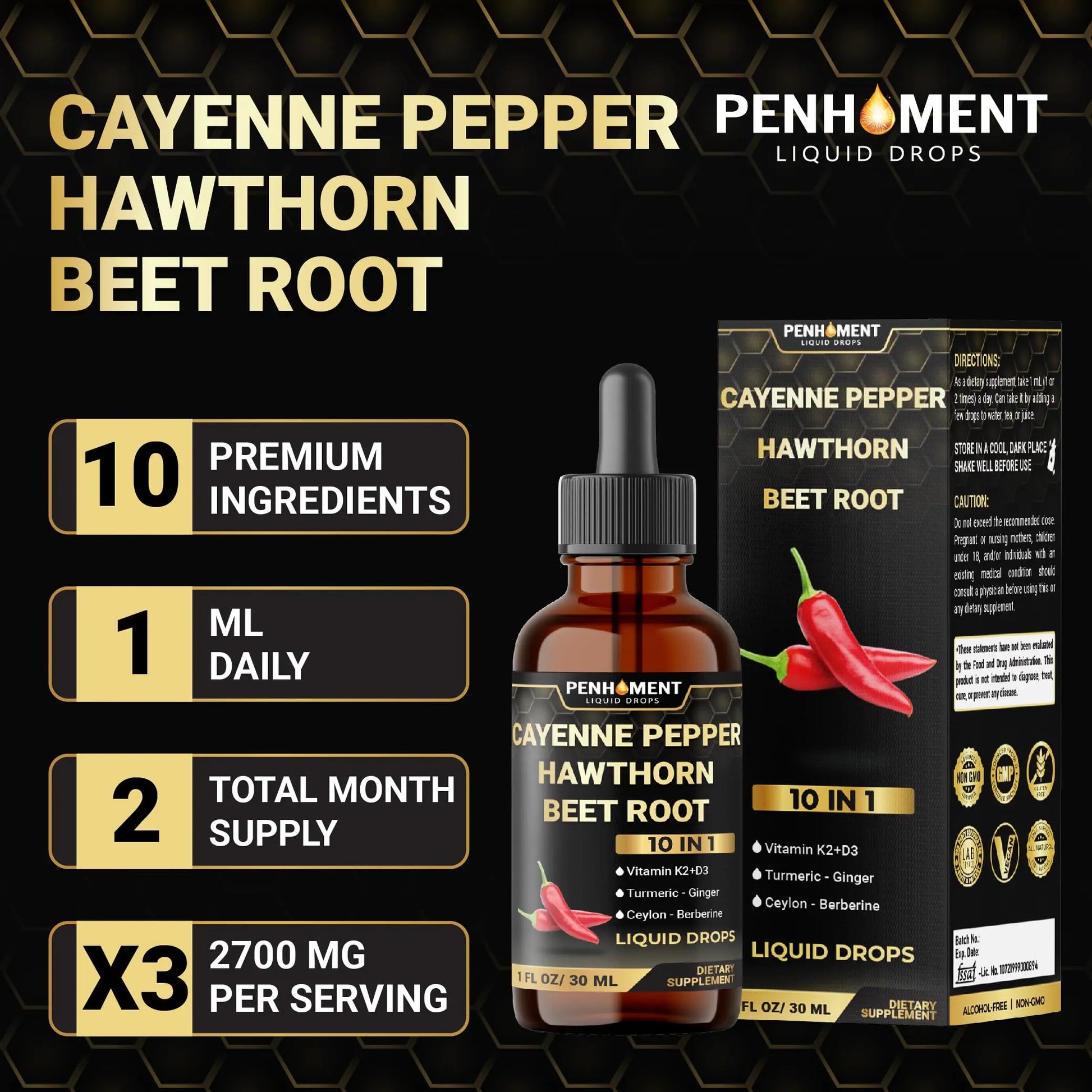 Penhoment 2 Packs - 2700 mg 10in1 Cayenne Pepper Liquid Drops with Hawthorn Berry, Vitamin D3 K2, Beet Root, Ginger Turmeric, Ginger, Ceylon Cinnamon, Berberine, and Ginseng - 2 Months Penhomentnz supplements