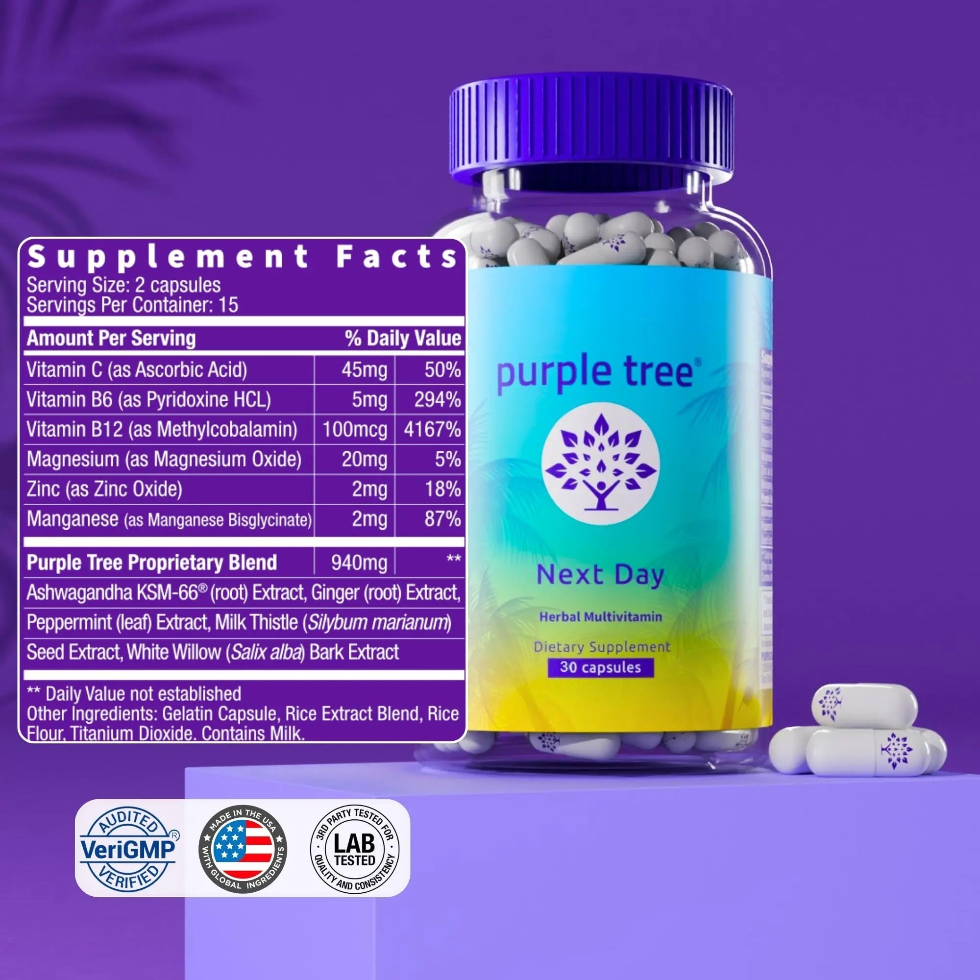 purple tree Next Day – Post-Drink Morning Wellness Supplement for Balance, Restore & Replenishment | Ashwagandha KSM-66, Milk Thistle, Ginger purple treeAu supplements