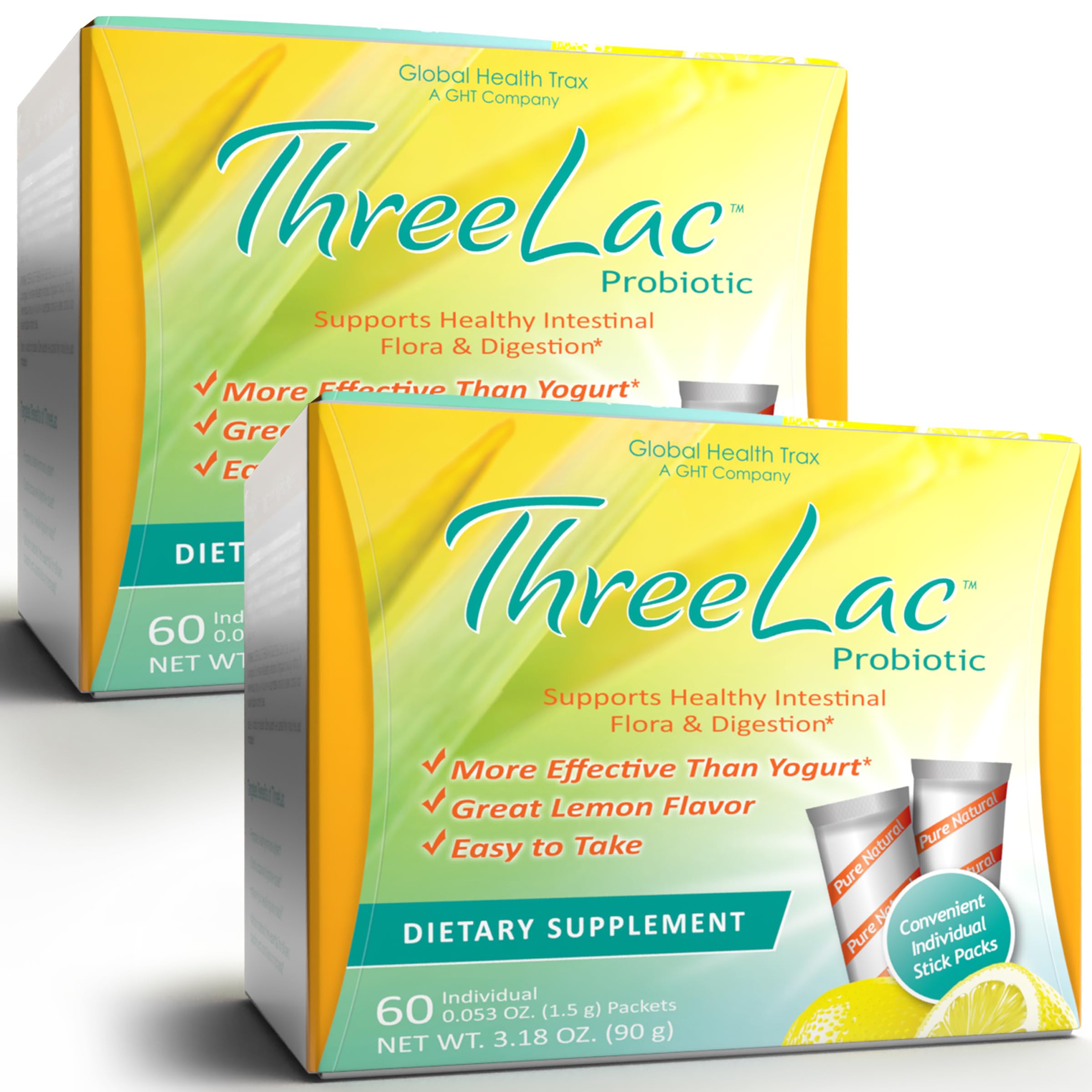 Global Health Trax ThreeLac Lemon Probiotic Drink Mix for Digestive Health - Advanced Probiotic Powder Formula for Men, Women, and Kids - Immune Support & Gut Balance, Non-GMO - 120 Packets ght Global Health TraxAu supplements