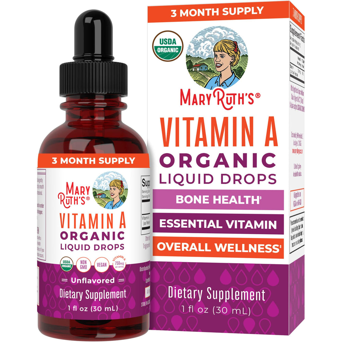 MaryRuth Organics USDA Organic Vitamin A Liquid Drops | 3 Month Supply | Bone Health for Ages 14+ | Essential Vitamin | 750mcg per Serving | Sugar Free | Vegan | Non-GMO | Gluten Free | 1oz MARYRUTH'SUS supplements