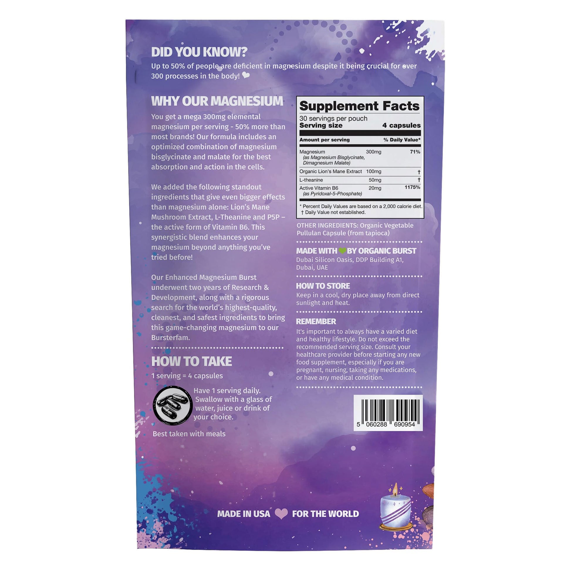 Enhanced Magnesium (Capsules) | Precise 300mg per Serving | Enhancement Blend: Organic Lion's Mane Extract, L-theanine, Active Vitamin B6 | 120 Capsules - by Organic Burst Organic BurstAu supplements