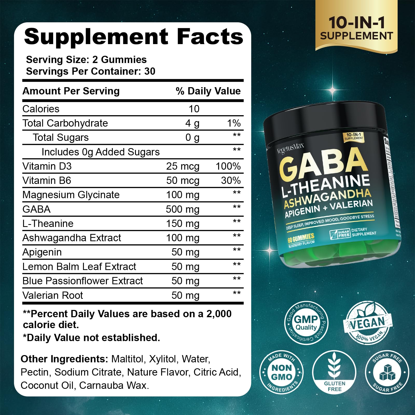 GABA L-Theanine Gummies, Sugar-Free Calm Gummies with L-Theanine, Ashwagandha,Valerian Root,Magnesium | Support Sleep,Stress Relief & Relaxation | GABA Supplement for Adult- Blueberry Flavor VEGETUSMAXAu supplements