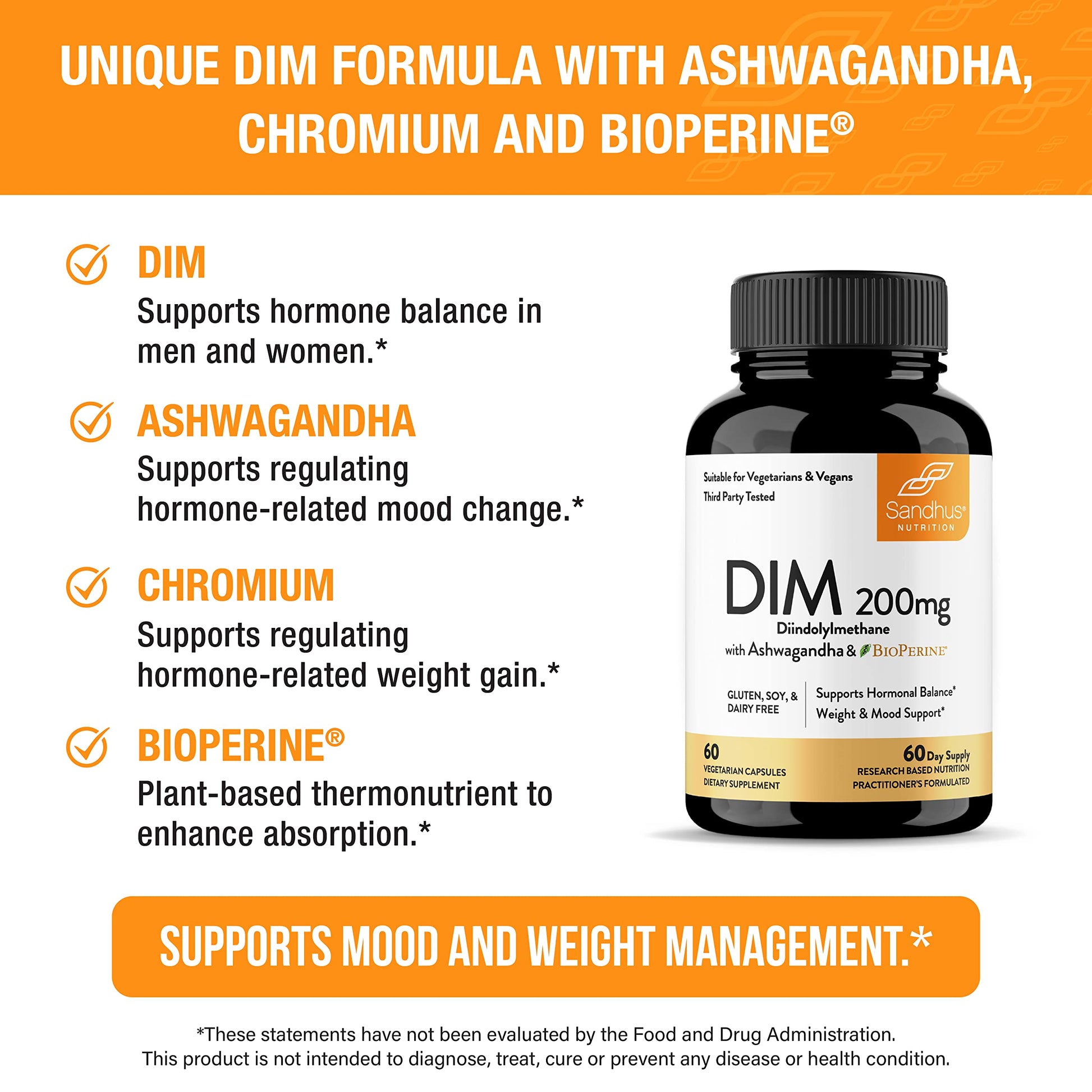 Sandhu's DIM Supplement 200 mg -60 Capsules - Diindolymethane with Ashwagandha & Bioperine Hormone Balance for Women & Men, Hormonal Acne Supplements Sandhu'sAu supplements