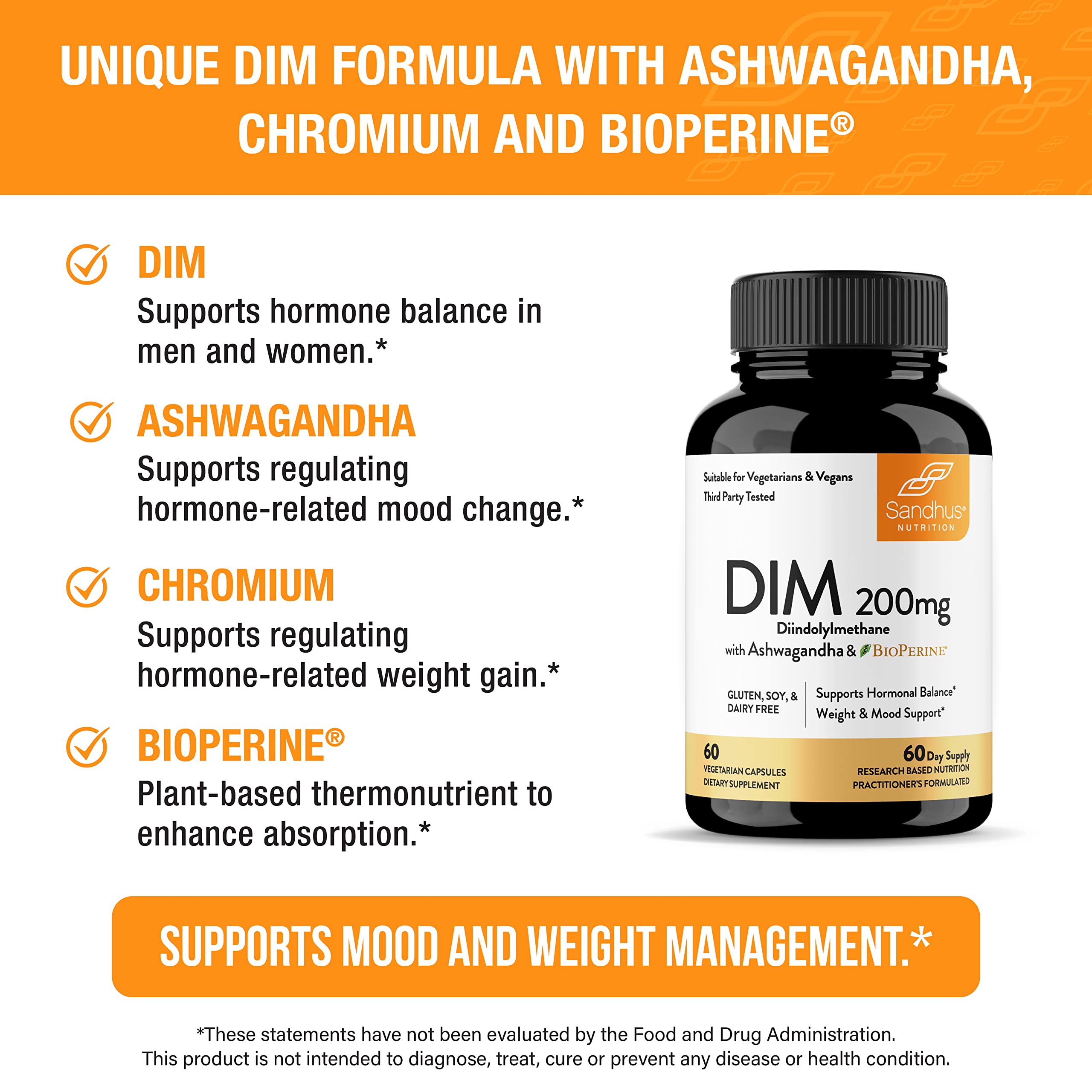 Sandhu's DIM Supplement 200 mg -60 Capsules - Diindolymethane with Ashwagandha & Bioperine Hormone Balance for Women & Men, Hormonal Acne Supplements Sandhu'sAu supplements