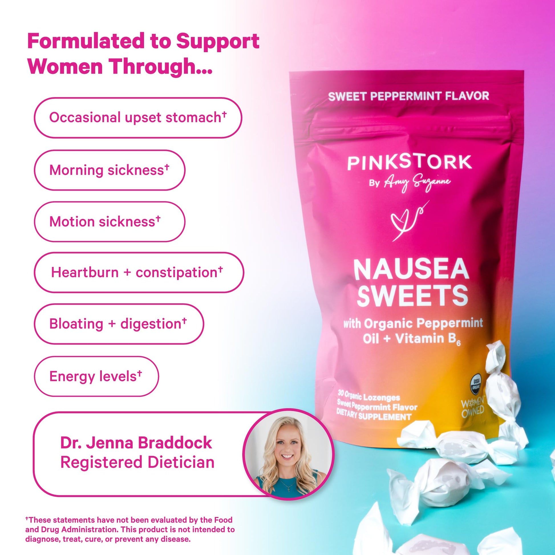 Pink Stork Organic Peppermint Sweets for Morning Sickness and Motion Sickness Support, Added Vitamin B6, 1st Trimester Pregnancy Must Haves - 30 Wrapped Peppermint Candies Pink StorkAu supplements