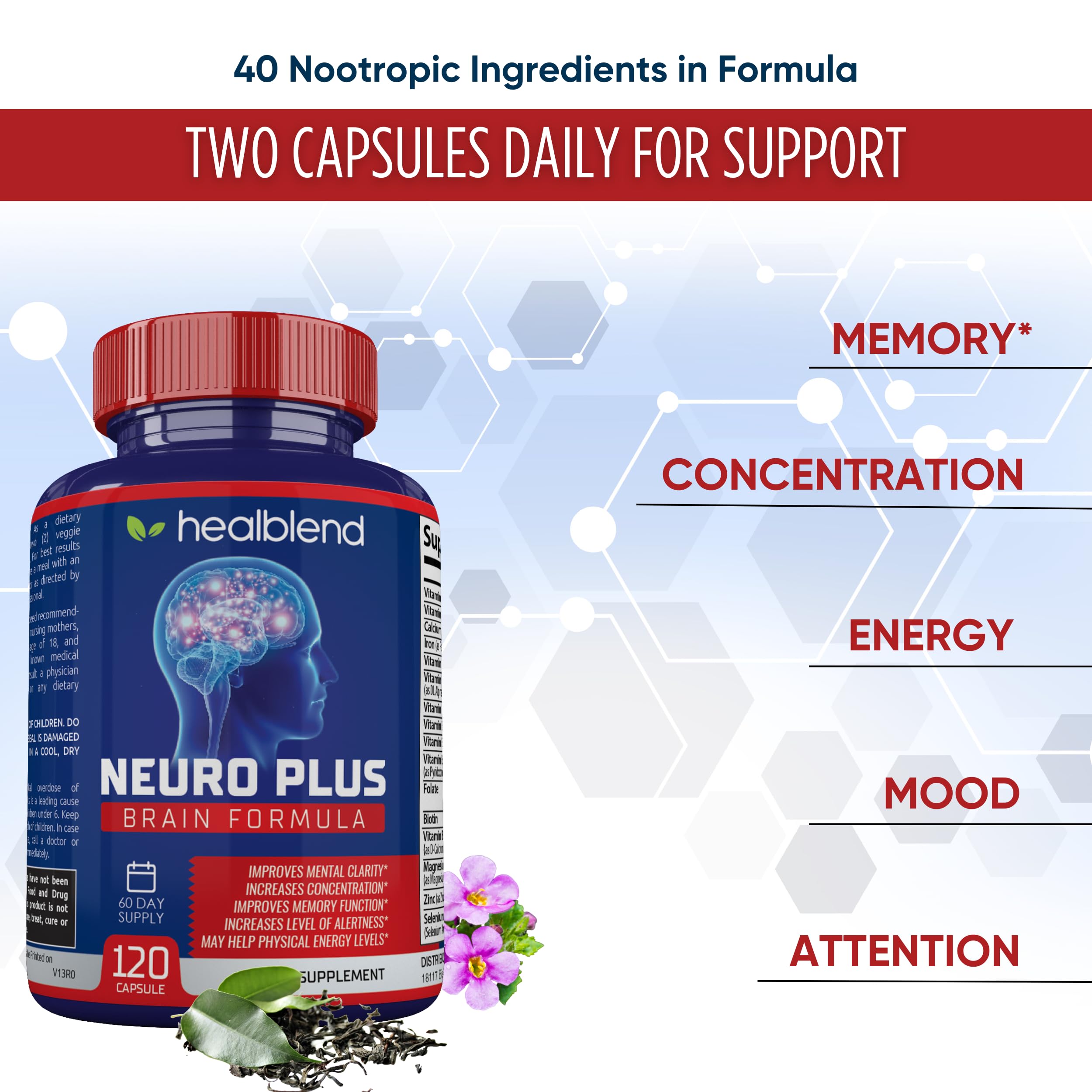 Neuro Plus Brain & Focus Formula - Nootropic Brain Booster Supplement, Supports Brain Health, Mental Clarity & Focus - Enhances Concentration & Mental Energy – 120 Capsules (1) healblendAu supplements