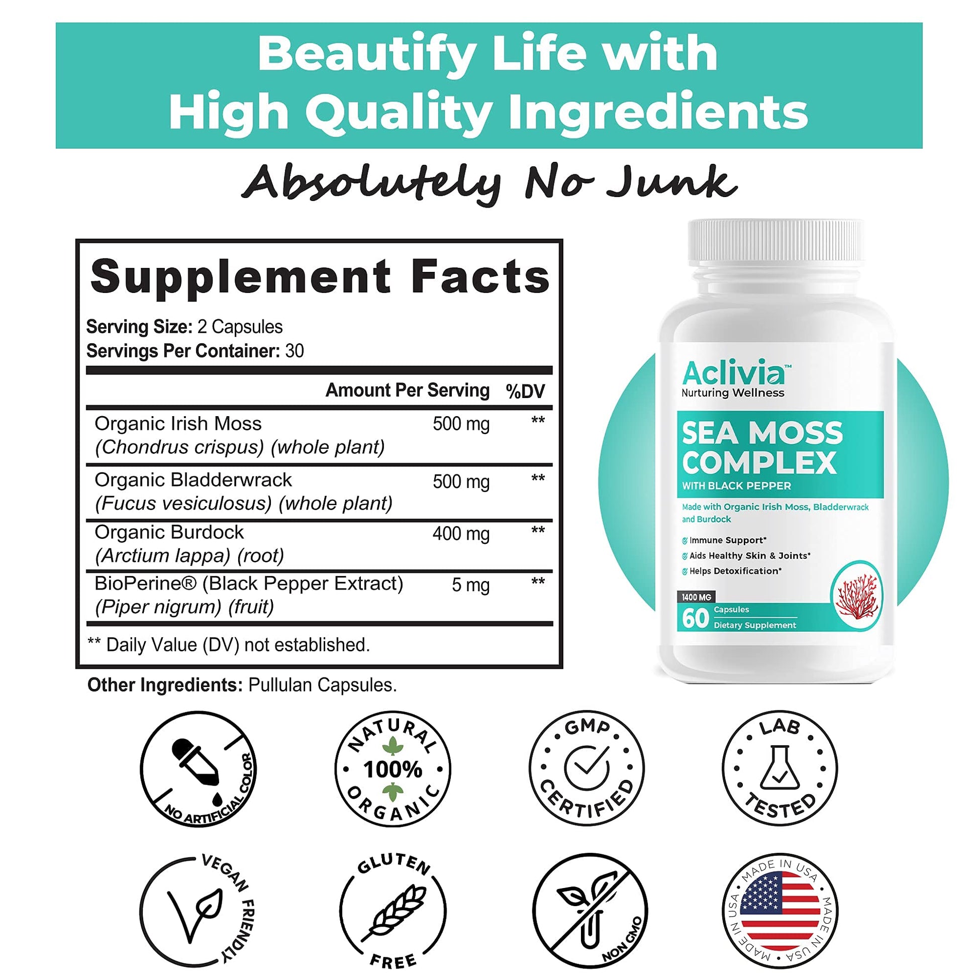 Aclivia - Organic Irish Sea Moss Capsules with Bladderwrack & Burdock Root - 102 Minerals Sea Moss Supplement - Thyroid Support, Immune Boost - Non-GMO (60 Count) AcliviaAu supplements