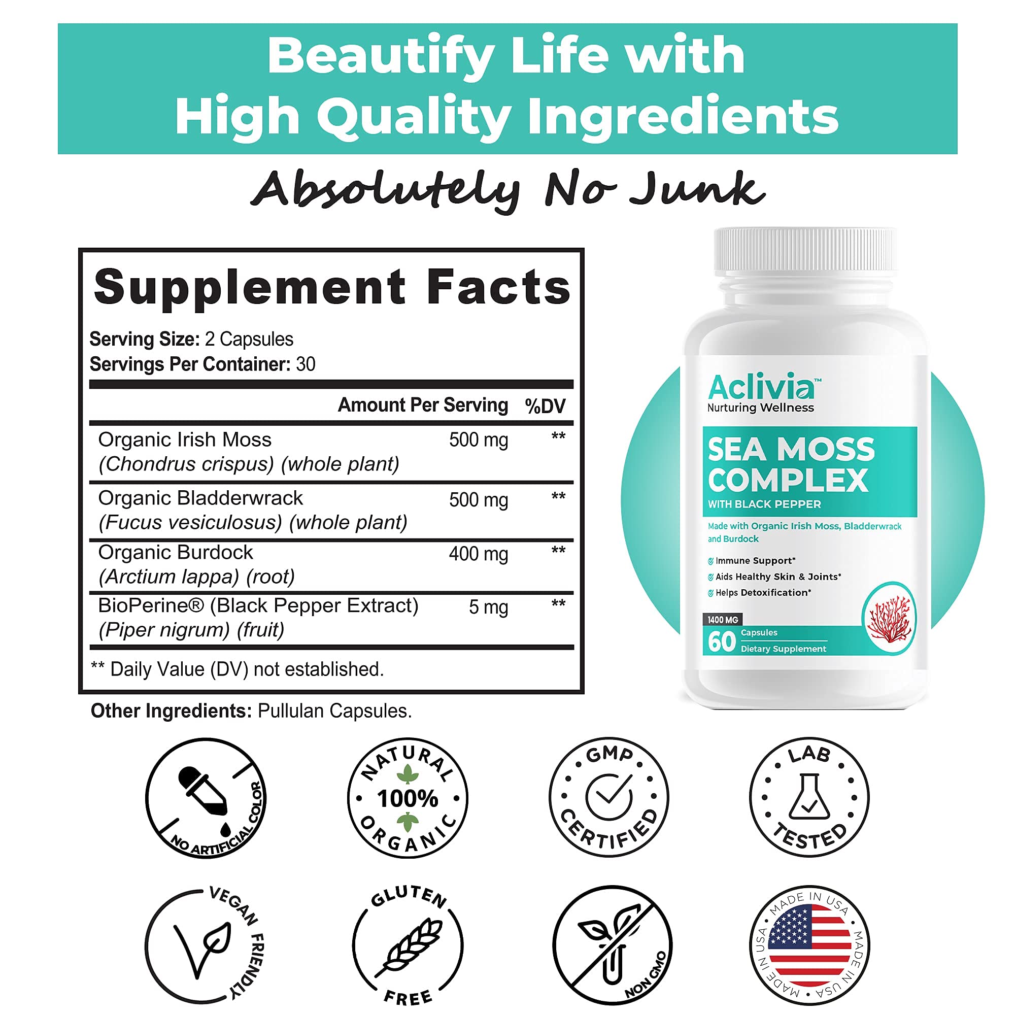 Aclivia - Organic Irish Sea Moss Capsules with Bladderwrack & Burdock Root - 102 Minerals Sea Moss Supplement - Thyroid Support, Immune Boost - Non-GMO (60 Count) AcliviaAu supplements