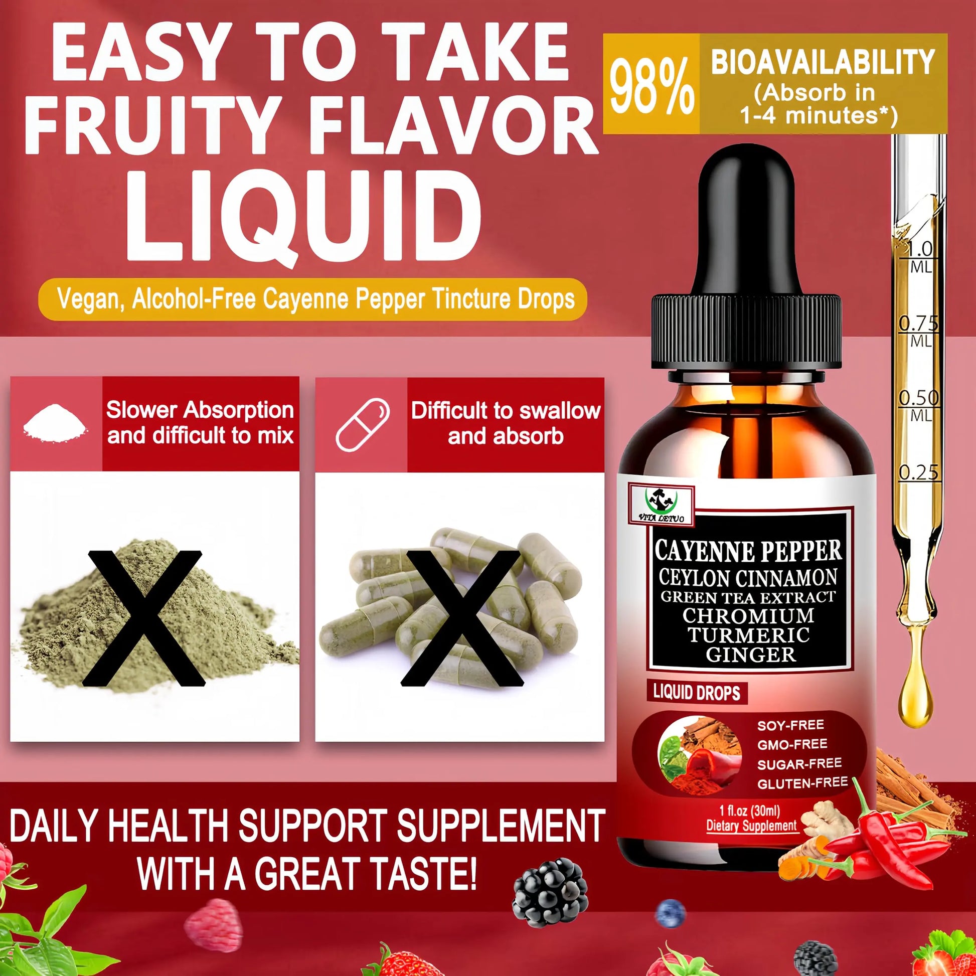 Cayenne Pepper Drops, High Absorption 6-in-1 Liquid Cayenne Pepper Supplement w/Ceylon Cinnamon, Green Tea Extract, Turmeric, Organic Liquid Drops Than Cayenne Capsules Powder Vita letuonz supplements