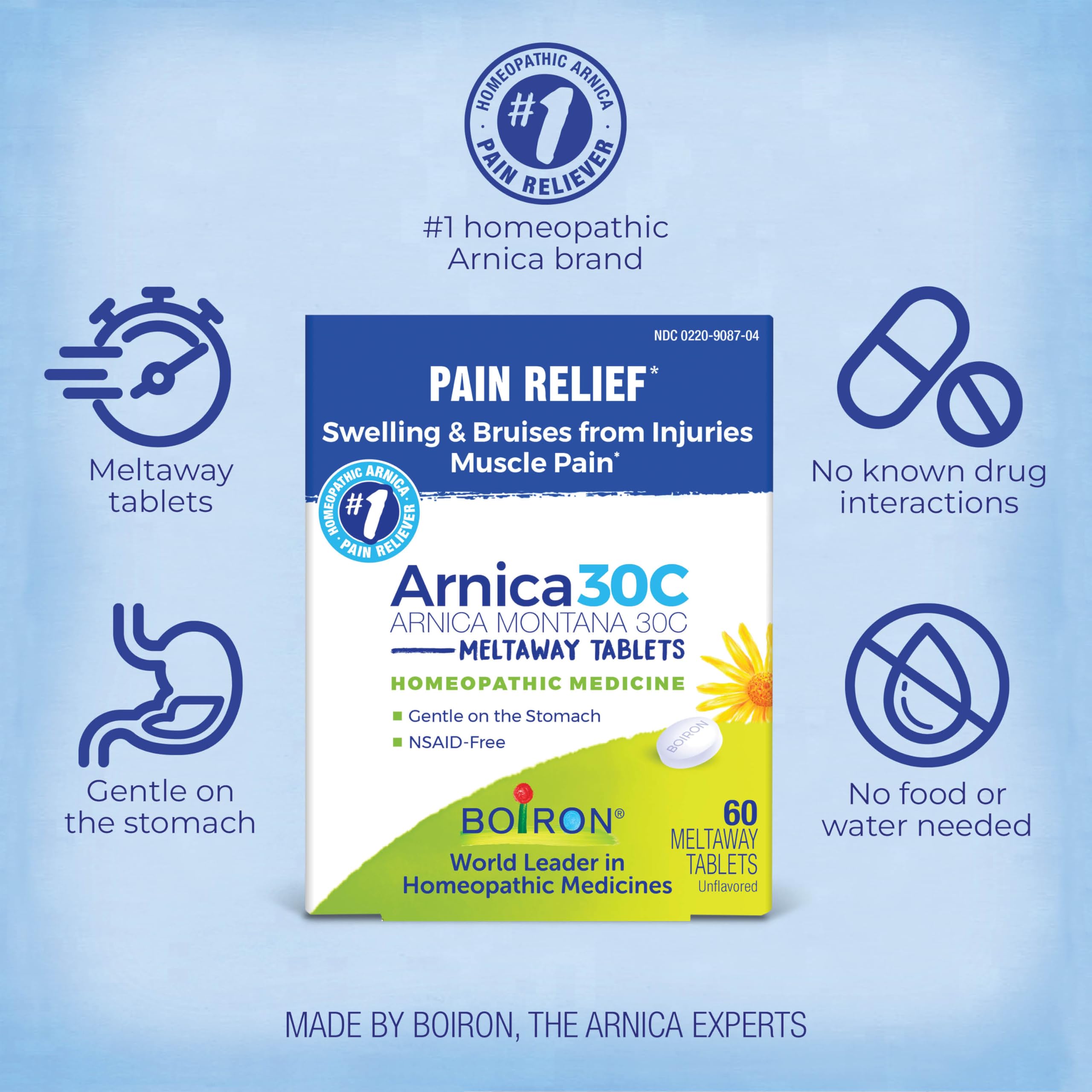 Boiron Arnica 30C Tablets for Pain Relief from Muscle Pain, Joint Soreness, Swelling from Injury or Bruises - 60 Count BoironAu supplements
