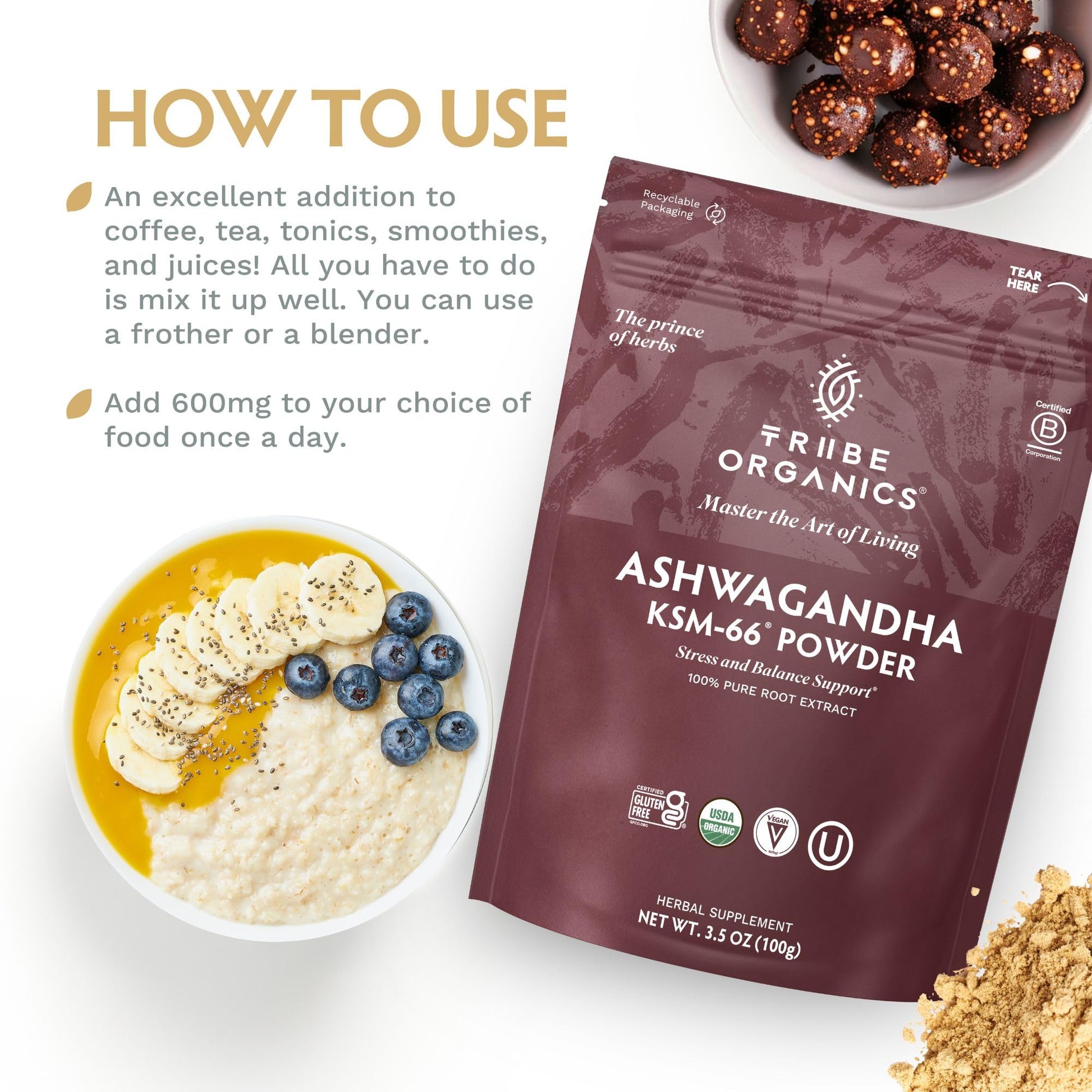 TRIBE ORGANICS KSM-66 Ashwagandha Root Extract Powder Ayurvedic Herb for Mood Support | Increase Energy | Strength - Organic | Natural | Gluten Free | Non GMO | Full-Spectrum - 100g Pouch TRIBE ORGANICSAu supplements