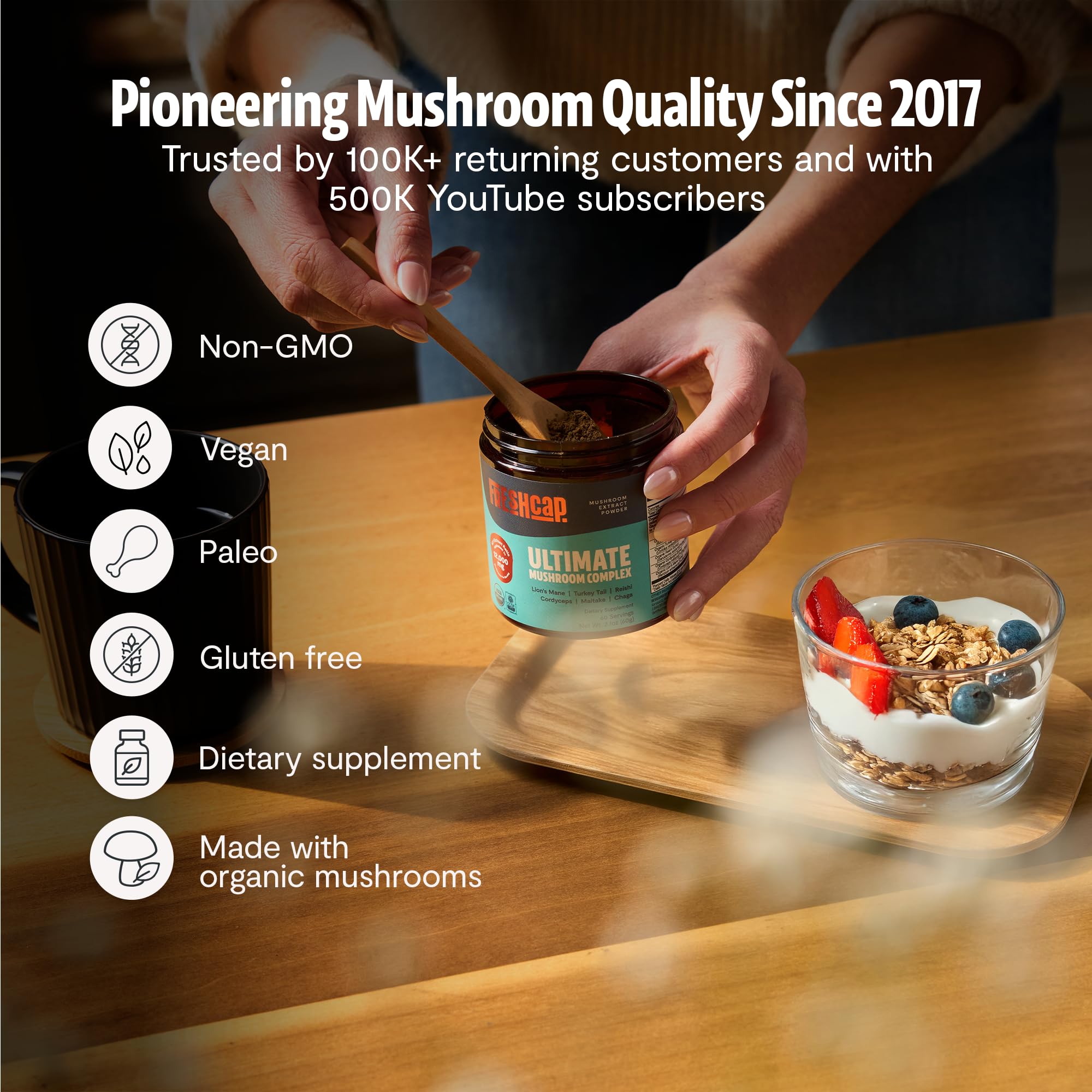 FreshCap Mushrooms Ultimate Mushroom Supplement Powder 12,000mg - Nootropic Organic Mushroom Complex for Focus & Memory, Brain Support Supplement, Ayurveda Mushroom Powder Extract (60 Servings) FreshCap MushroomsAu supplements