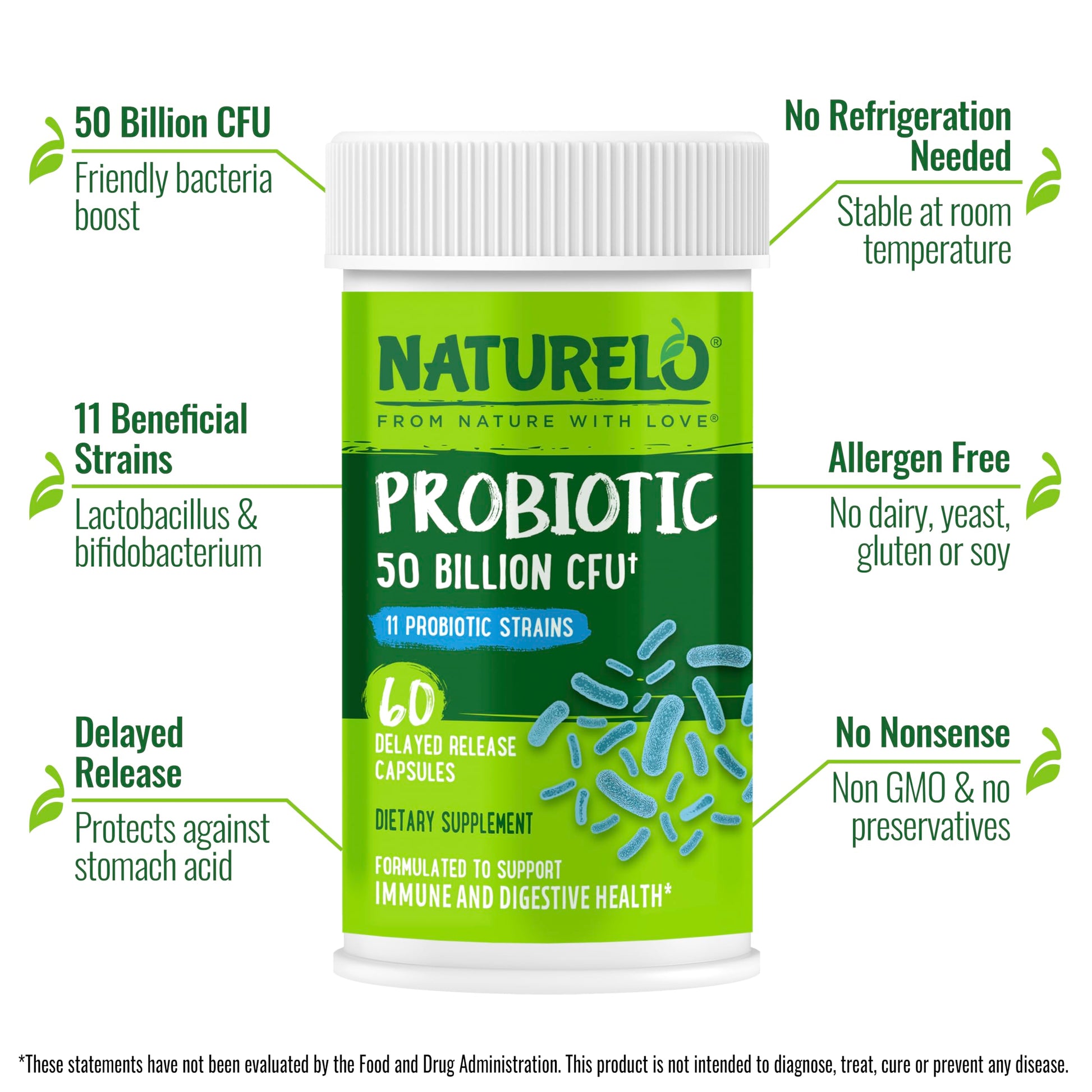 NATURELO Probiotics for Digestive Health, 50 Billion CFU, 60 Vegetarian Capsules, 11 Strains, Daily Use Supplement, Delayed Release, No-Fridge, Boosts Immune System, Probiotics for Women & Men NATURELOAu supplements