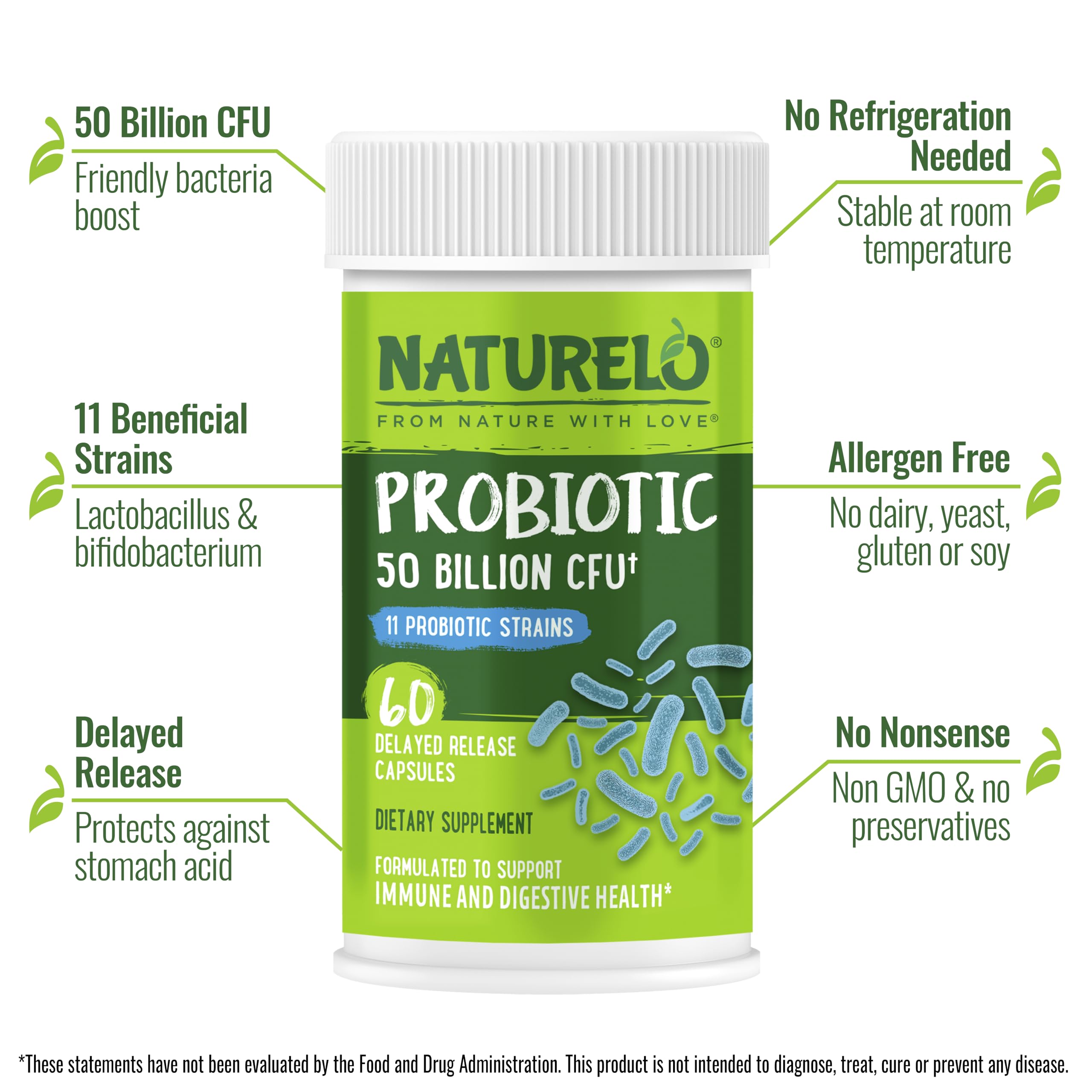 NATURELO Probiotics for Digestive Health, 50 Billion CFU, 60 Vegetarian Capsules, 11 Strains, Daily Use Supplement, Delayed Release, No-Fridge, Boosts Immune System, Probiotics for Women & Men NATURELOAu supplements