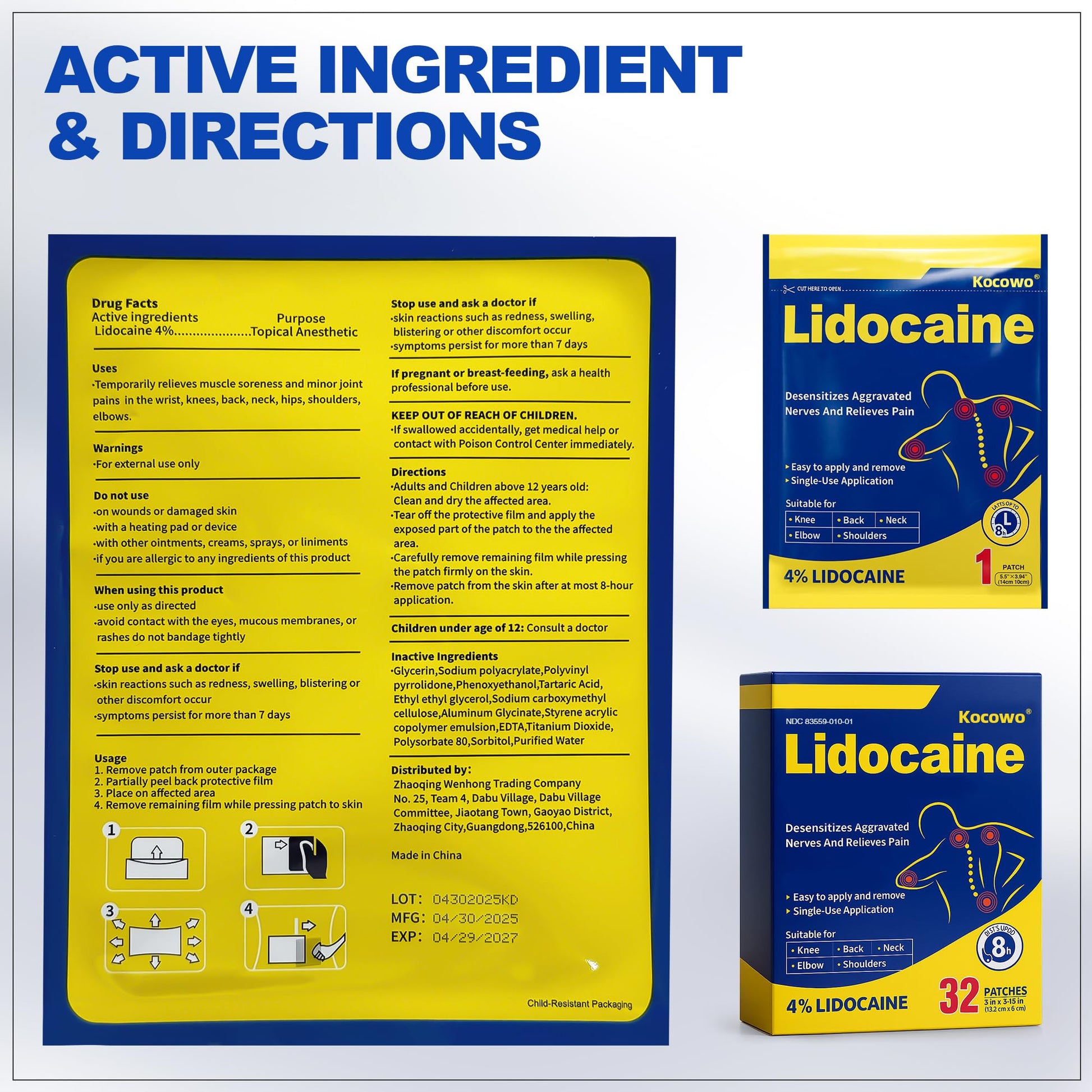 Kocowo 4% Lidocaine Maximum Strength Pain Relief Gel Patches with Auxiliary Patches for Neck Back Knee Joint Ache Muscle Soreness, 3.9” x 5.5”, 32-Count Box, NDC：83559-010-01 KocowoAu supplements