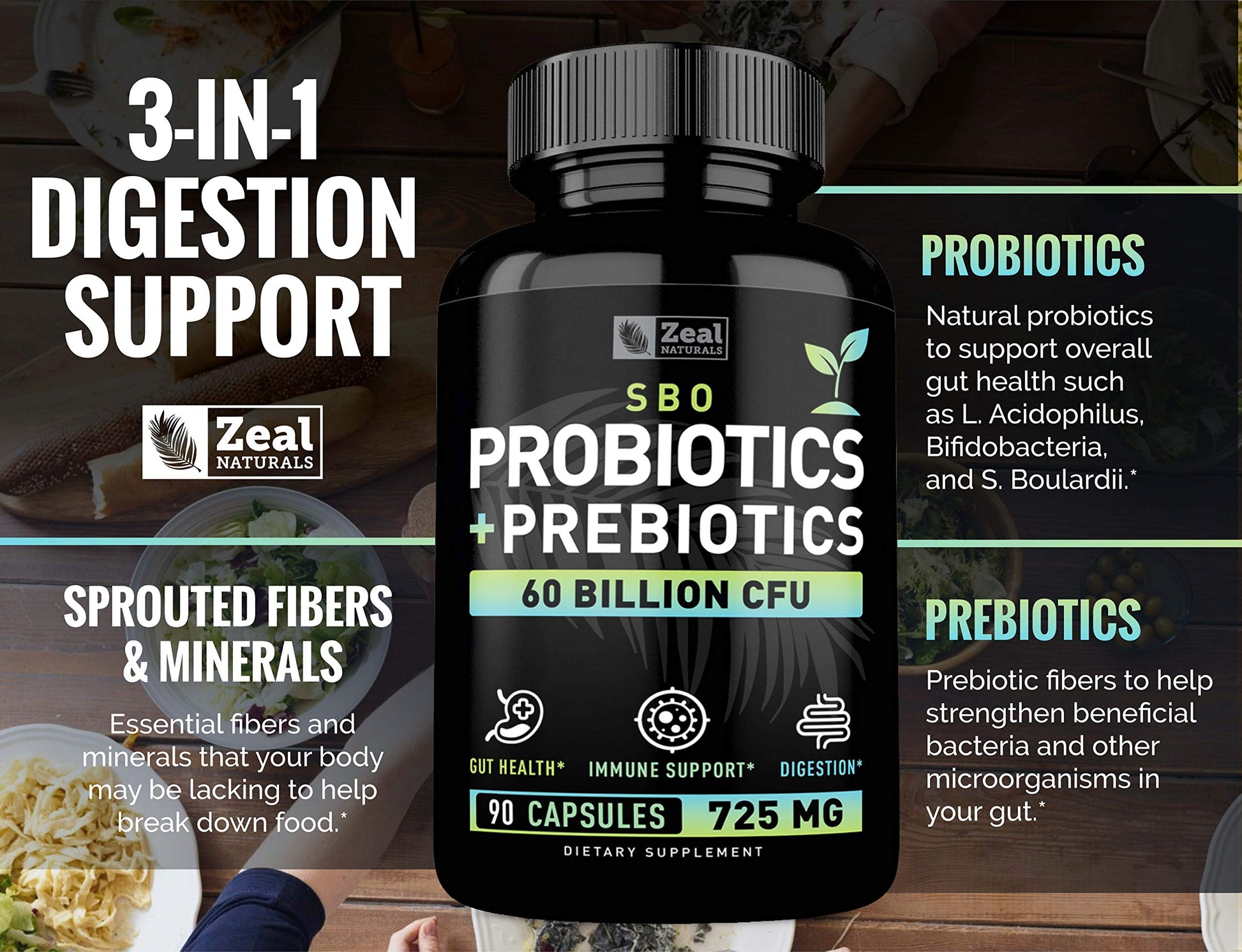 Probiotics and Prebiotics + SBO Probiotics (60 Billion CFU | 90 Capsules) Acidophilus Probiotic w. Saccharomyces Boulardii, Bifidobacterium + Spore Probiotic & Organic Sprouted Prebiotic Fiber Blend Zeal NaturalsAu supplements