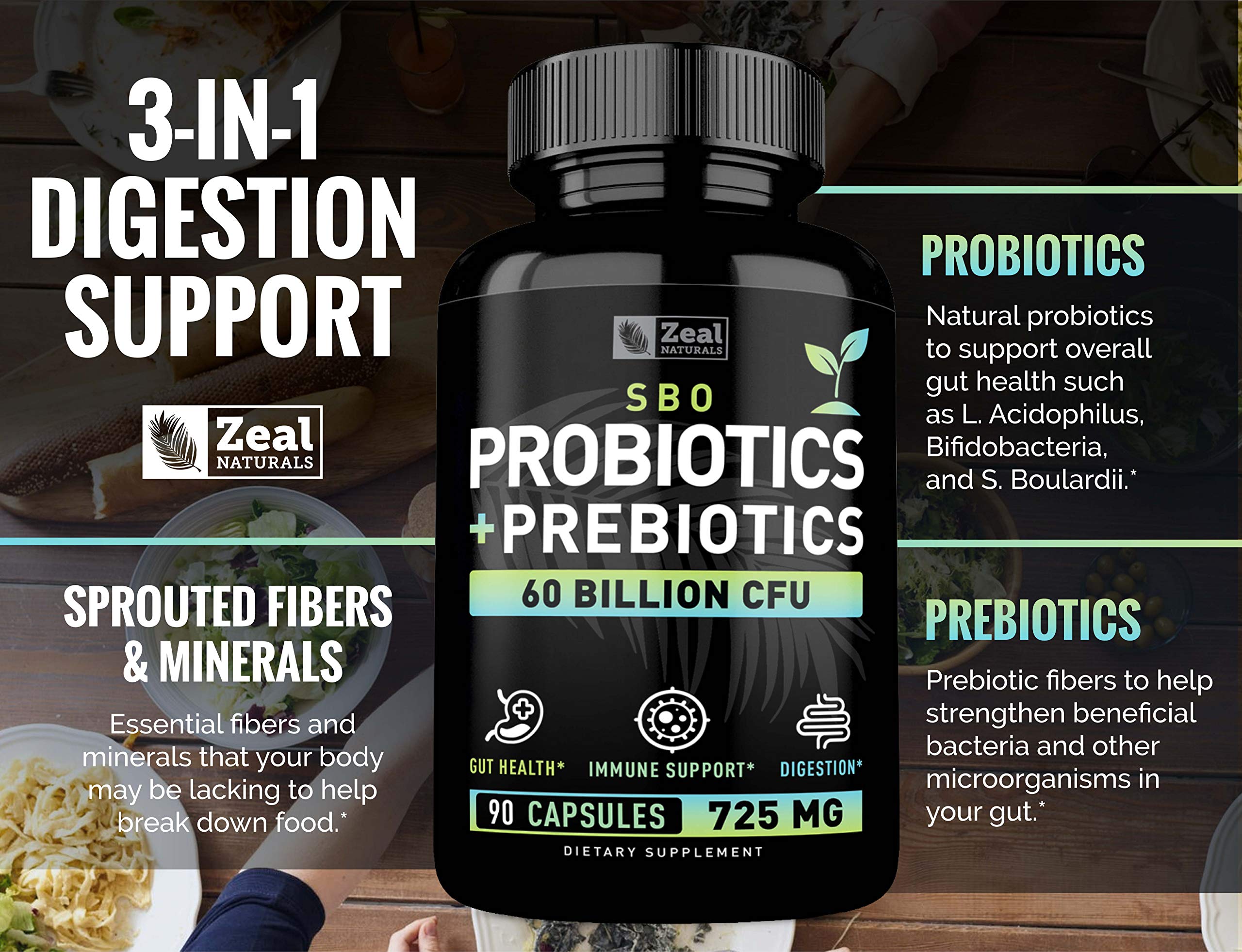 Probiotics and Prebiotics + SBO Probiotics (60 Billion CFU | 90 Capsules) Acidophilus Probiotic w. Saccharomyces Boulardii, Bifidobacterium + Spore Probiotic & Organic Sprouted Prebiotic Fiber Blend Zeal NaturalsAu supplements