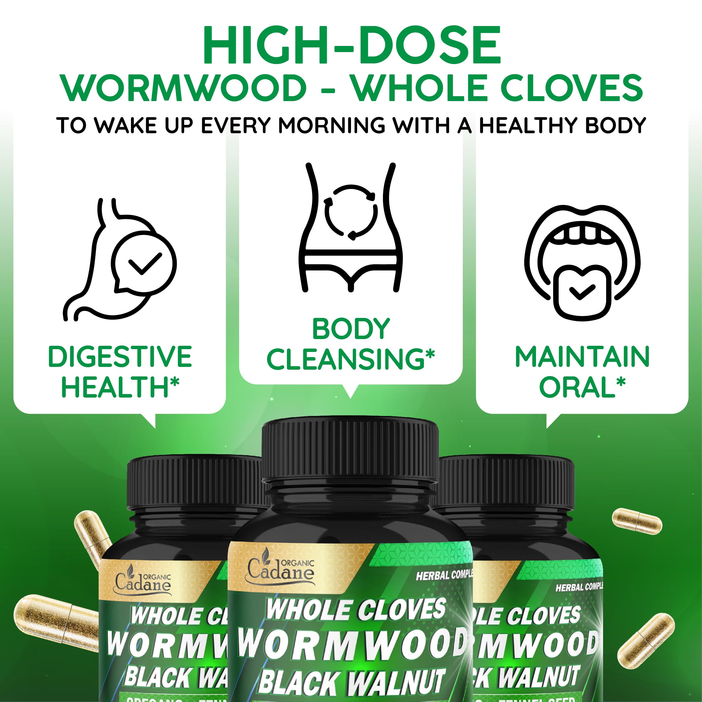 Cadane Wormwood Whole Cloves Black Walnut with Ginger, Garlic, Oregano, Fennel & Black Pepper | Digestive & Wellness Support | 120 Capsules – 60-Day Organic CadaneAu supplements