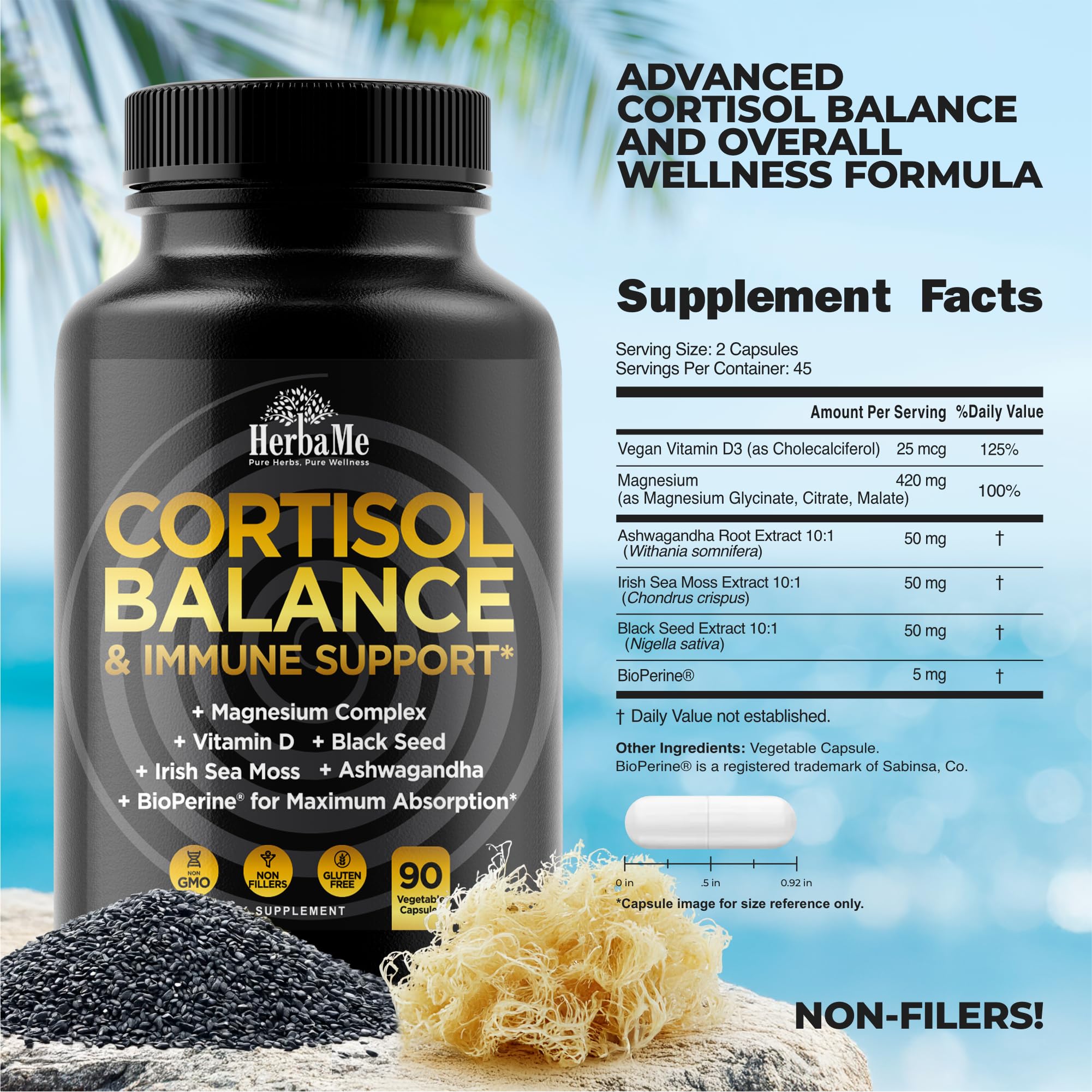 Cortisol Balance and Immune Support Supplement with Ashwagandha, Irish Sea Moss, Black Seed, Vitamin D and Magnesium Complex | Mood Enhancer | Immunity Booster | Stress Relief Pills | 90 Capsules HerbaMeAu supplements