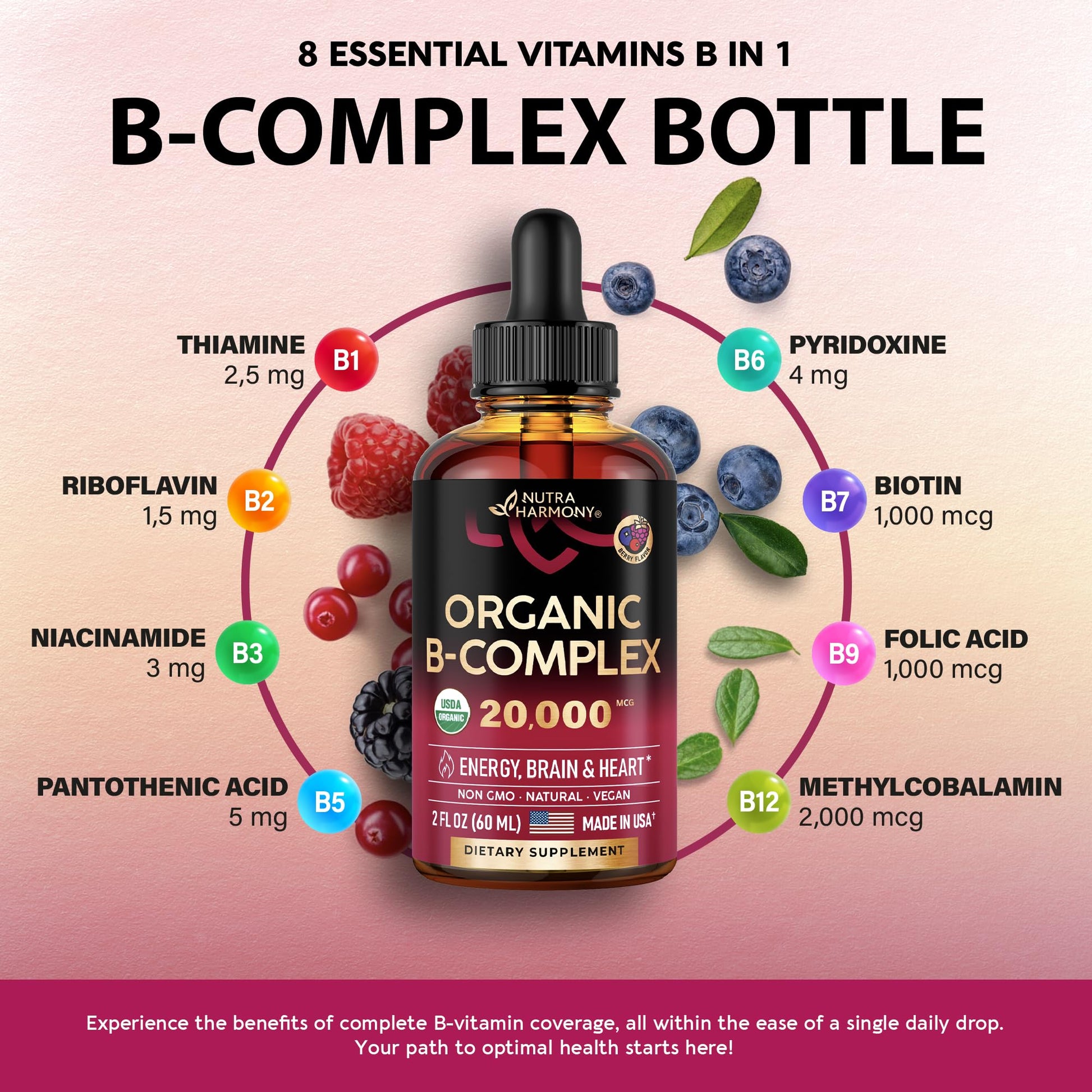 USDA Organic Vitamin B Complex Liquid Drops - 8-in-1 B Complex Vitamins: B1, B2, B3, B5 NUTRAHARMONYAu supplements