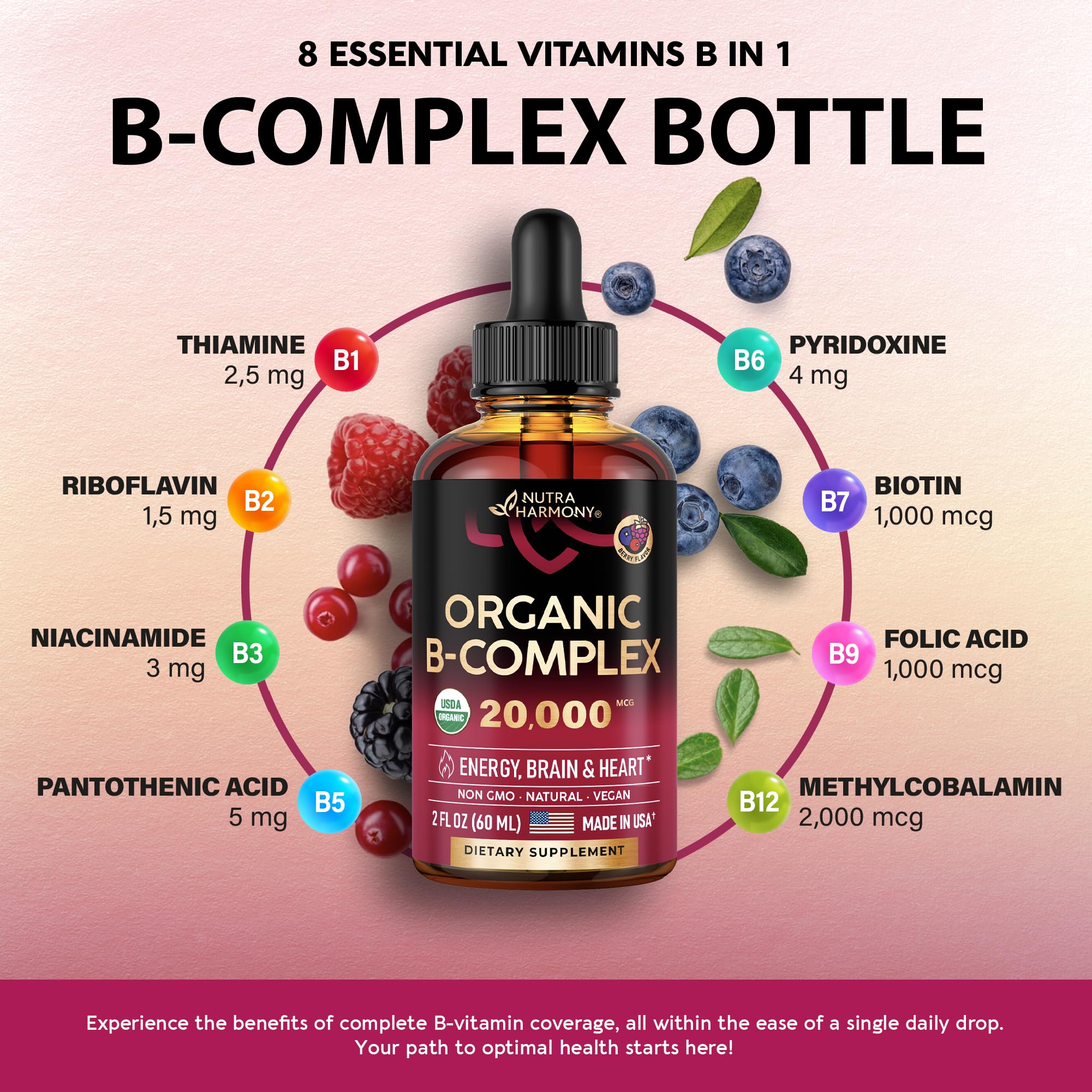 USDA Organic Vitamin B Complex Liquid Drops - 8-in-1 B Complex Vitamins: B1, B2, B3, B5 NUTRAHARMONYAu supplements