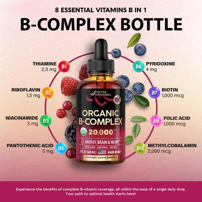USDA Organic Vitamin B Complex Liquid Drops - 8-in-1 B Complex Vitamins: B1, B2, B3, B5 NUTRAHARMONYUS supplements