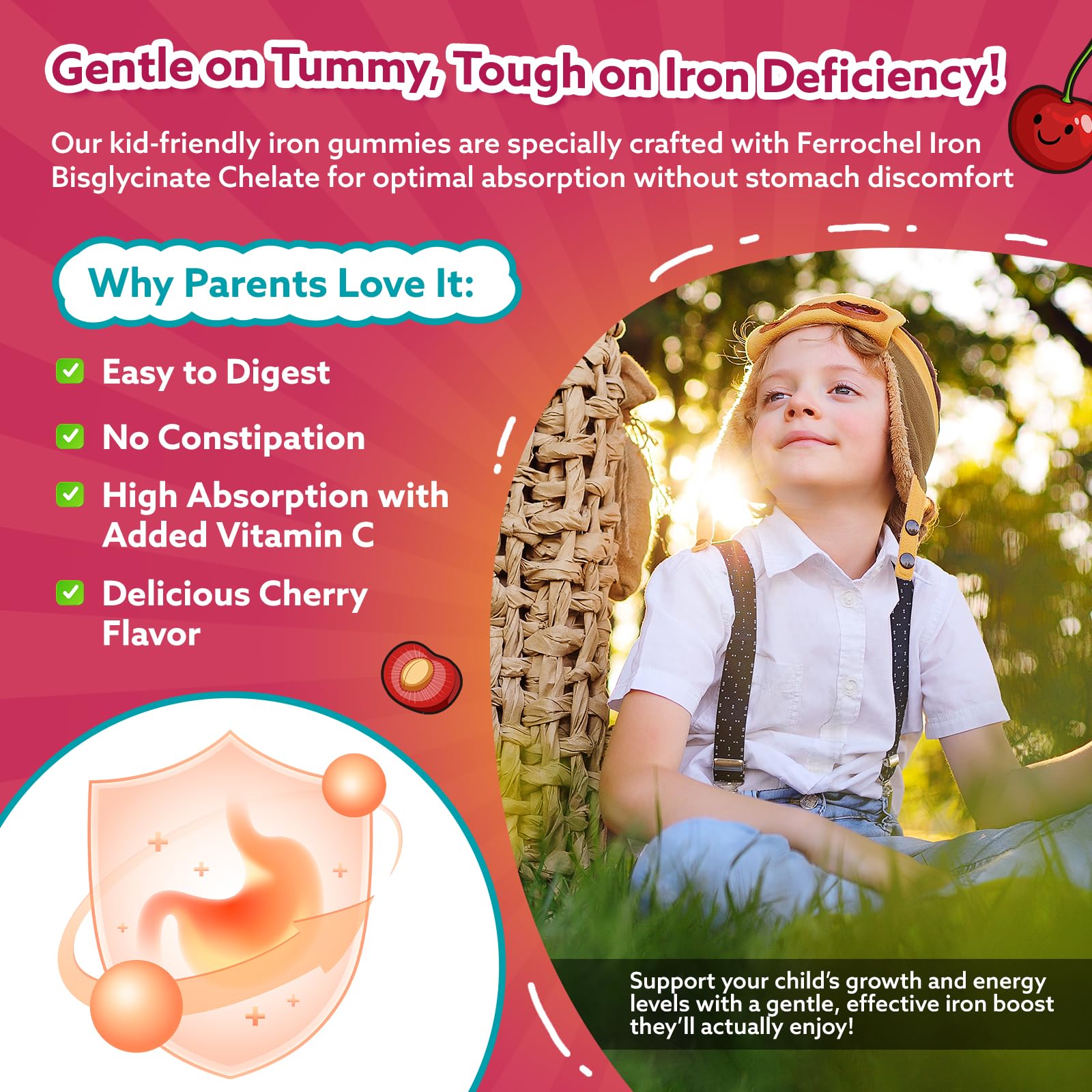 Iron Gummies for Kids & Teens, Kids Multivitamin with Iron Supplement, Calcium, Folate, Zinc, Prebiotic - for Blood Builder & Energy Support, Iron Deficiency - Vegan & Non-GMO - 60 Count Cherry CFILIHTCAu supplements